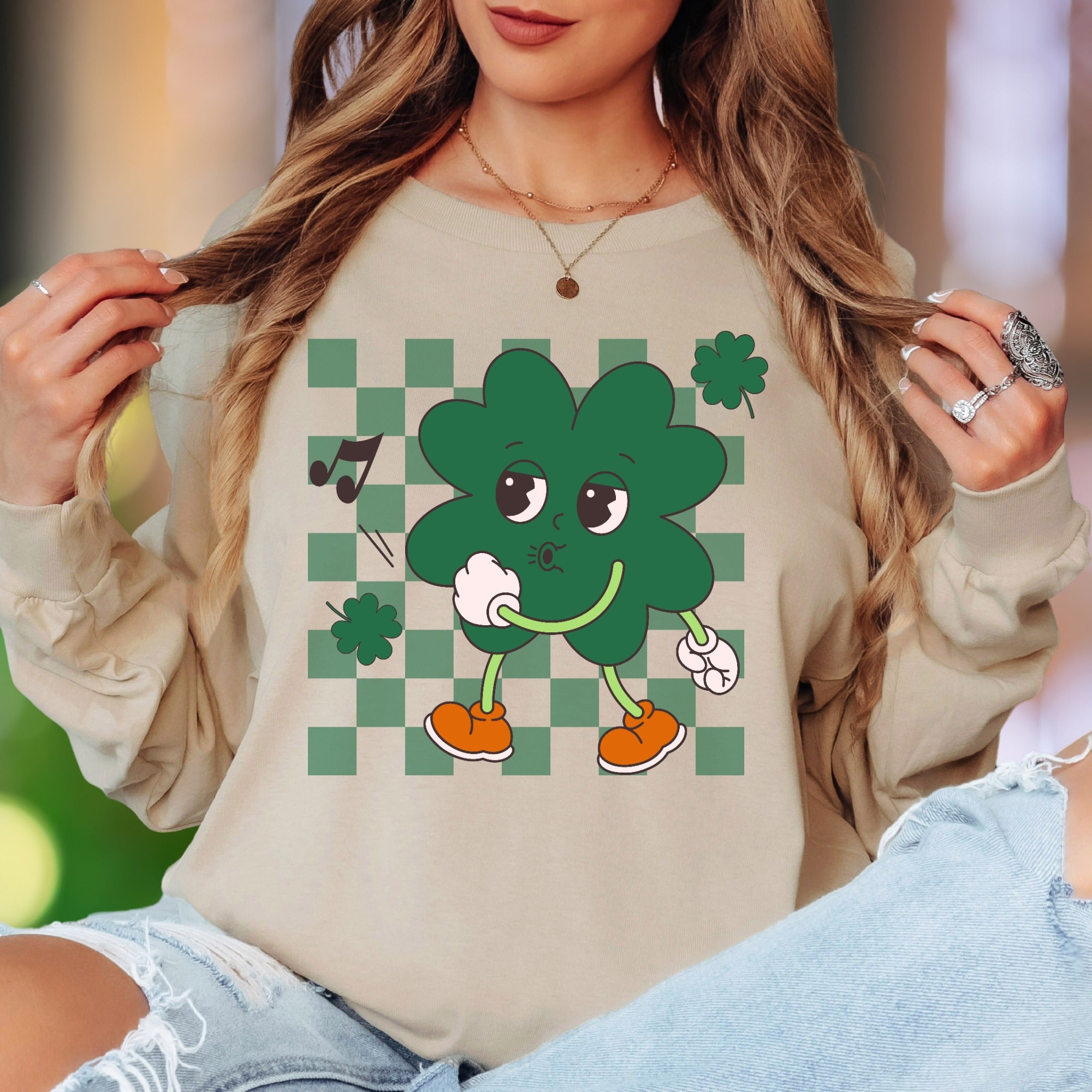 "Groovy Shamrock" | Retro Checkerboard Unisex Adult Long Sleeve T-Shirt | Playful St. Patrick's Day Style