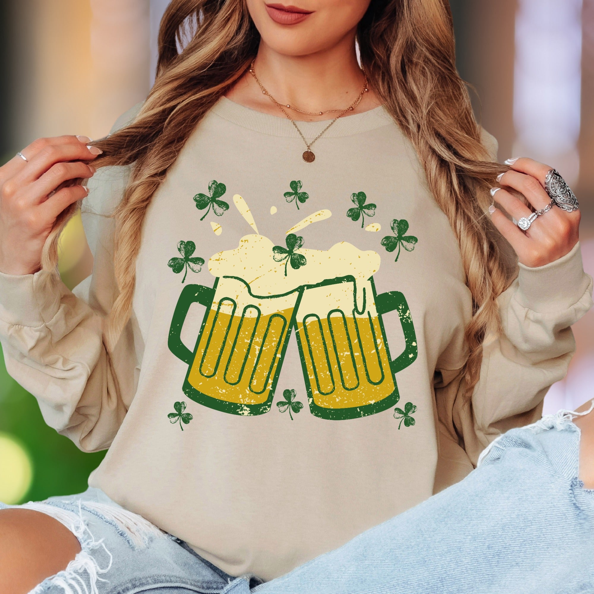 St. Patrick's Day Cheers | Distressed Graphic Unisex Adult Long Sleeve T-Shirt | Festive Lifestyle