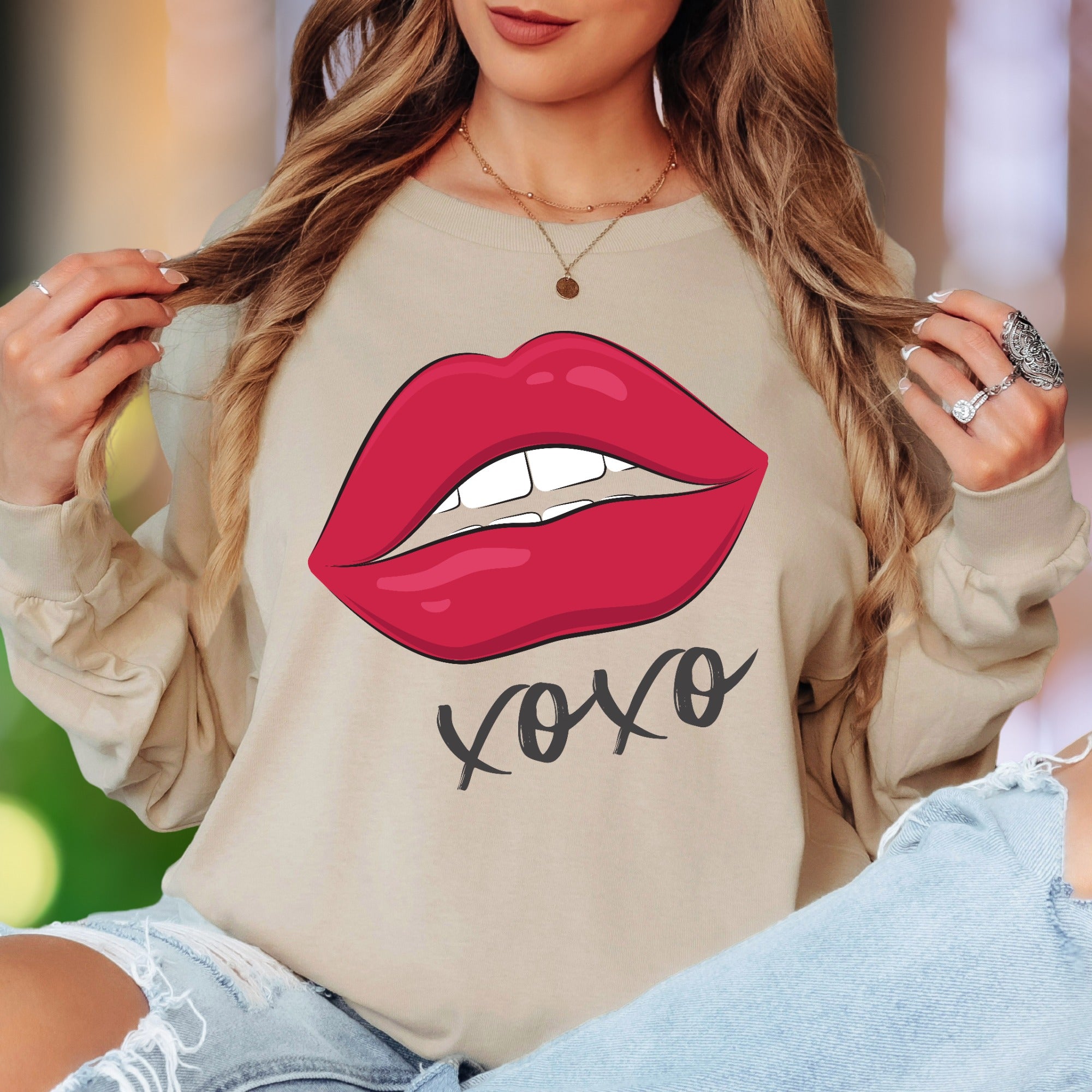 "XOXO" | Bold Lips Graphic Unisex Adult Long Sleeve T-Shirt | Affectionate Streetwear