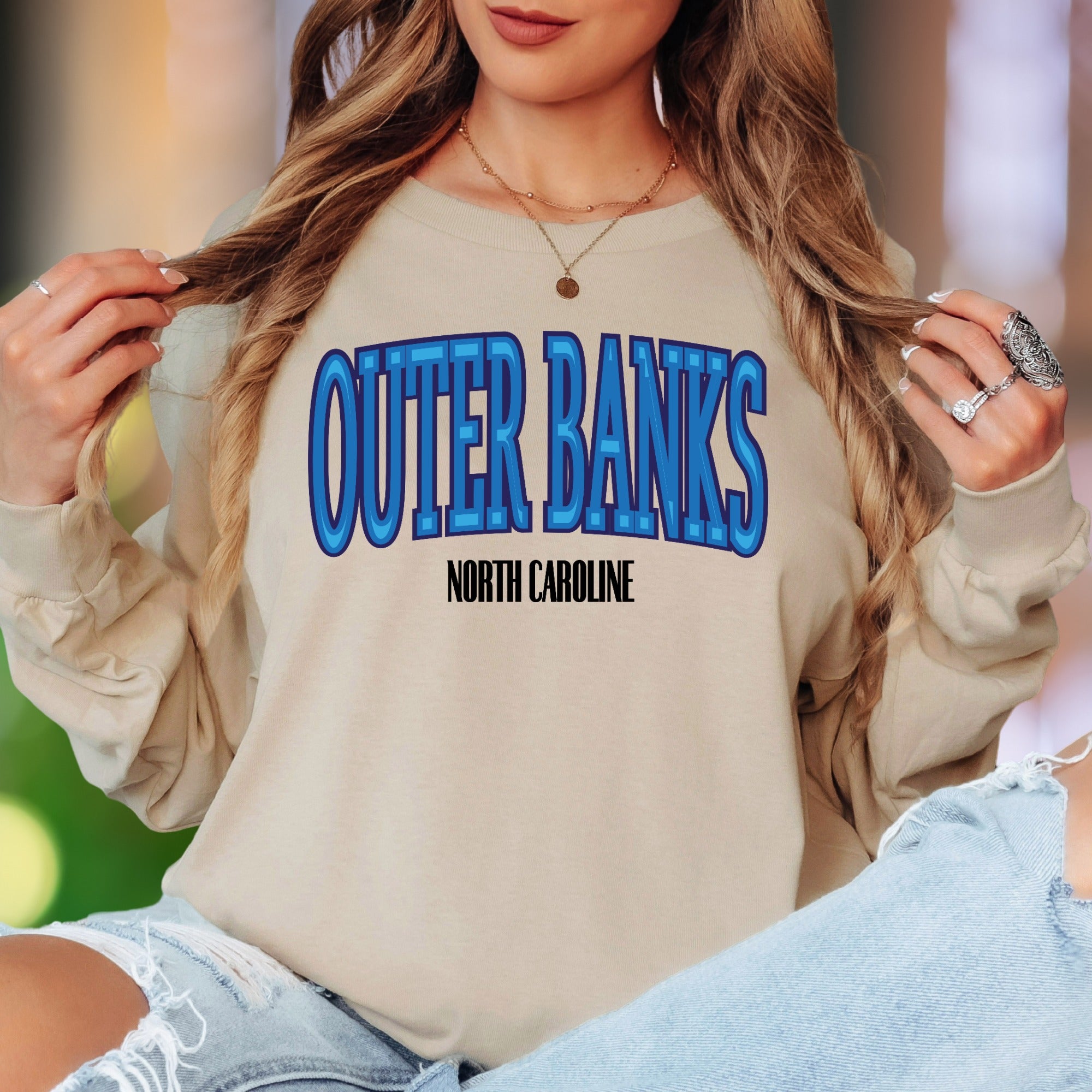"Outer Banks North Carolina" | Retro Typography Unisex Adult Long Sleeve T-Shirt | Coastal Lifestyle