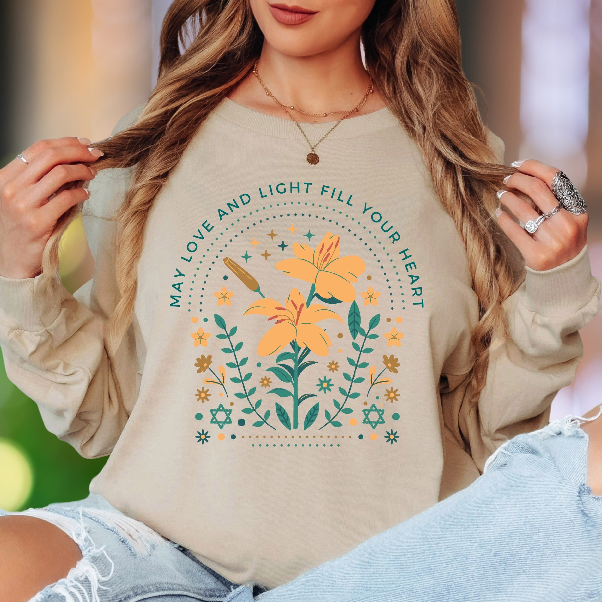 "May Love and Light Fill Your Heart" | Floral Motif Unisex Adult Long Sleeve T-Shirt | Positive Affirmation