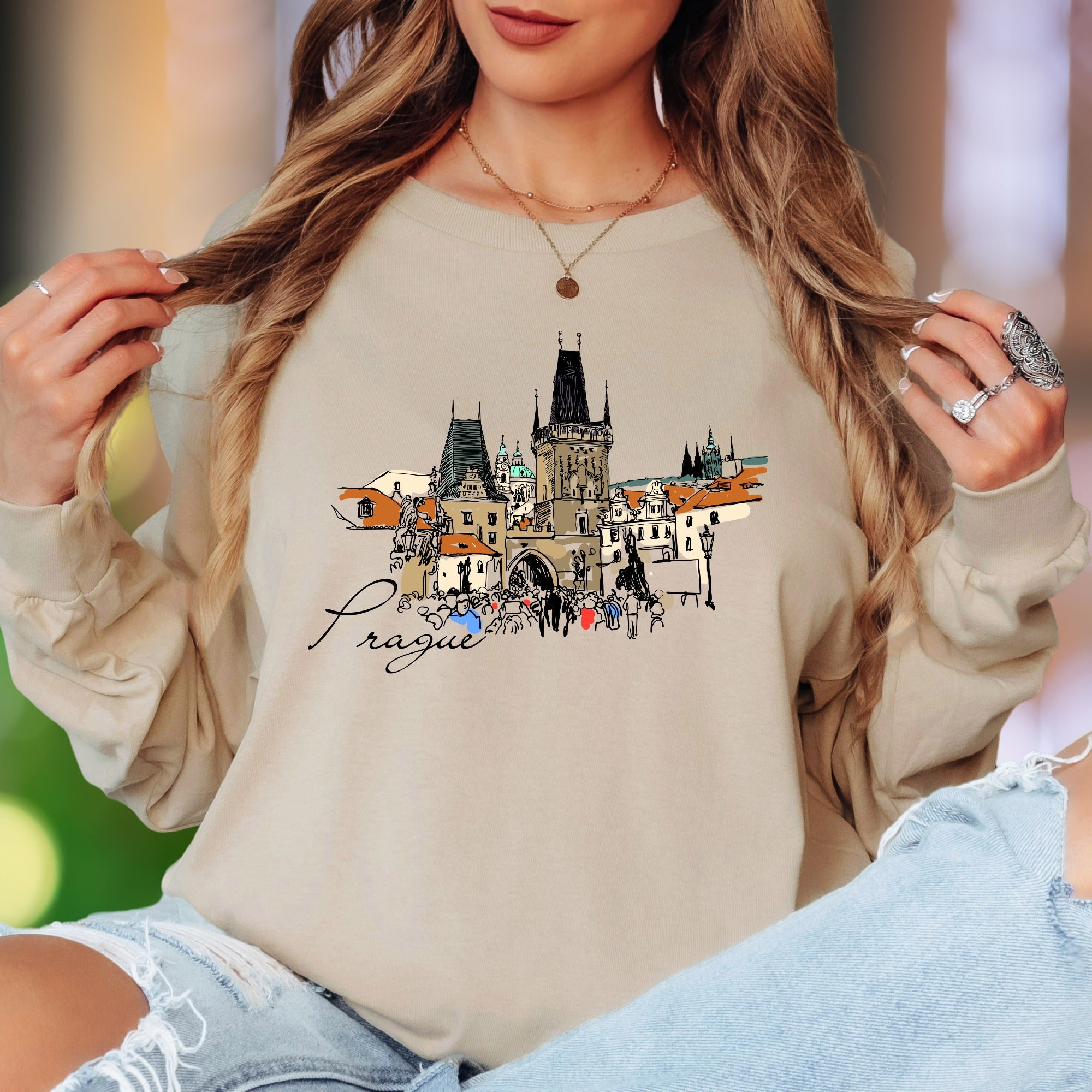 "Prague" | Sketch Art Cityscape Unisex Adult Long Sleeve T-Shirt | Travel & Culture Lifestyle
