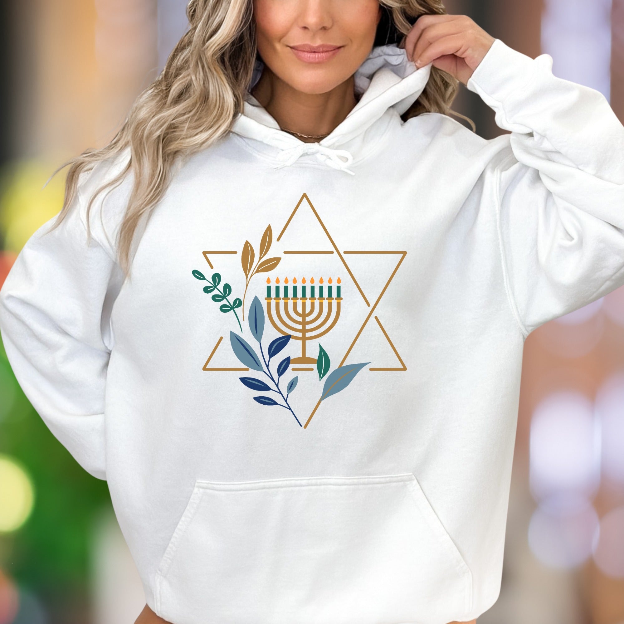 Star of David & Menorah Symbol | Evergreen Graphic Unisex Adult Hoodie | Spiritual Lifestyle
