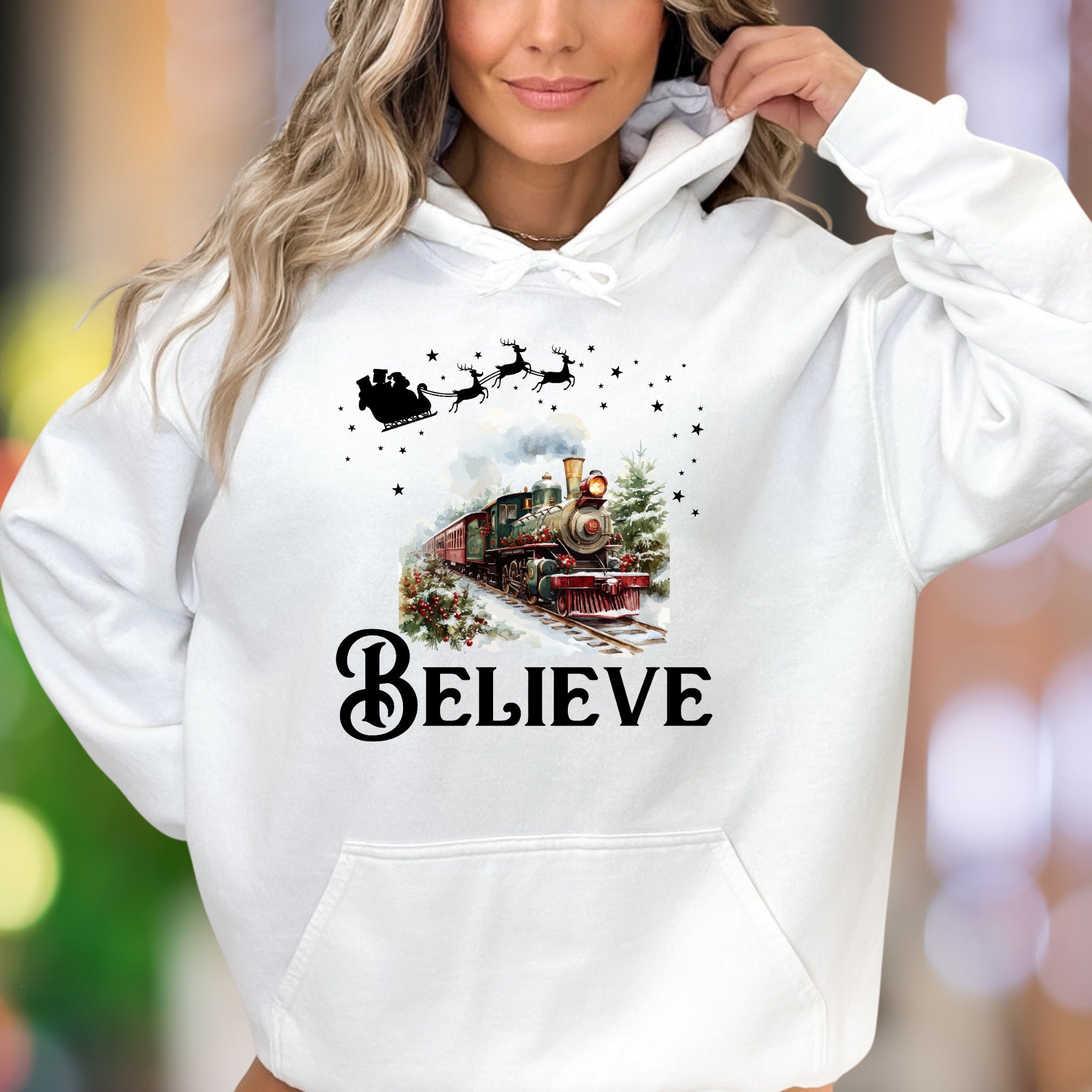 "BELIEVE" | Festive Winter Train Unisex Adult Hoodie | Holiday Magic Lifestyle