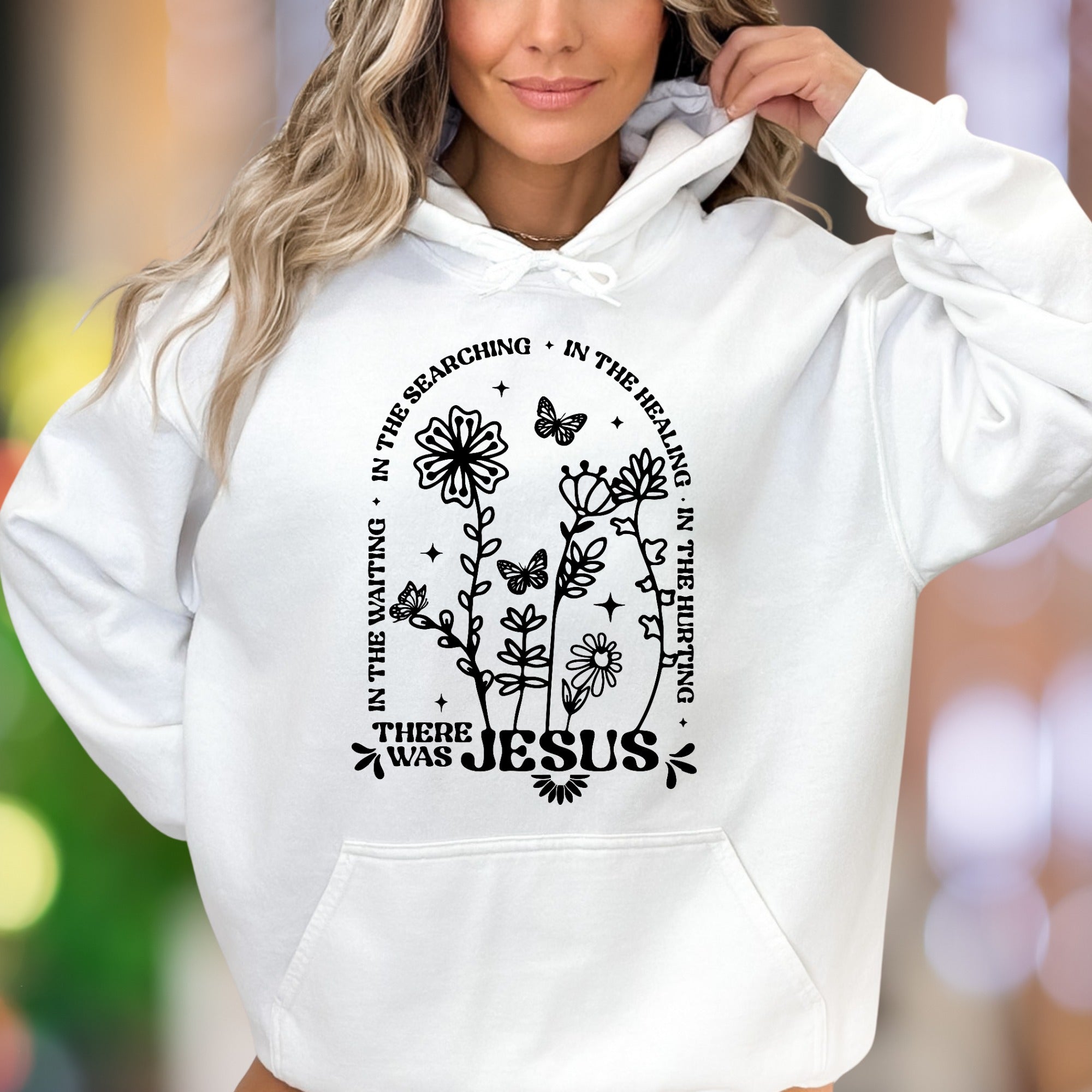 "In The Searching, In The Waiting, In The Healing, In The Hurting There Was Jesus" | Floral Graphic Unisex Adult Hoodie | Spiritual Comfort