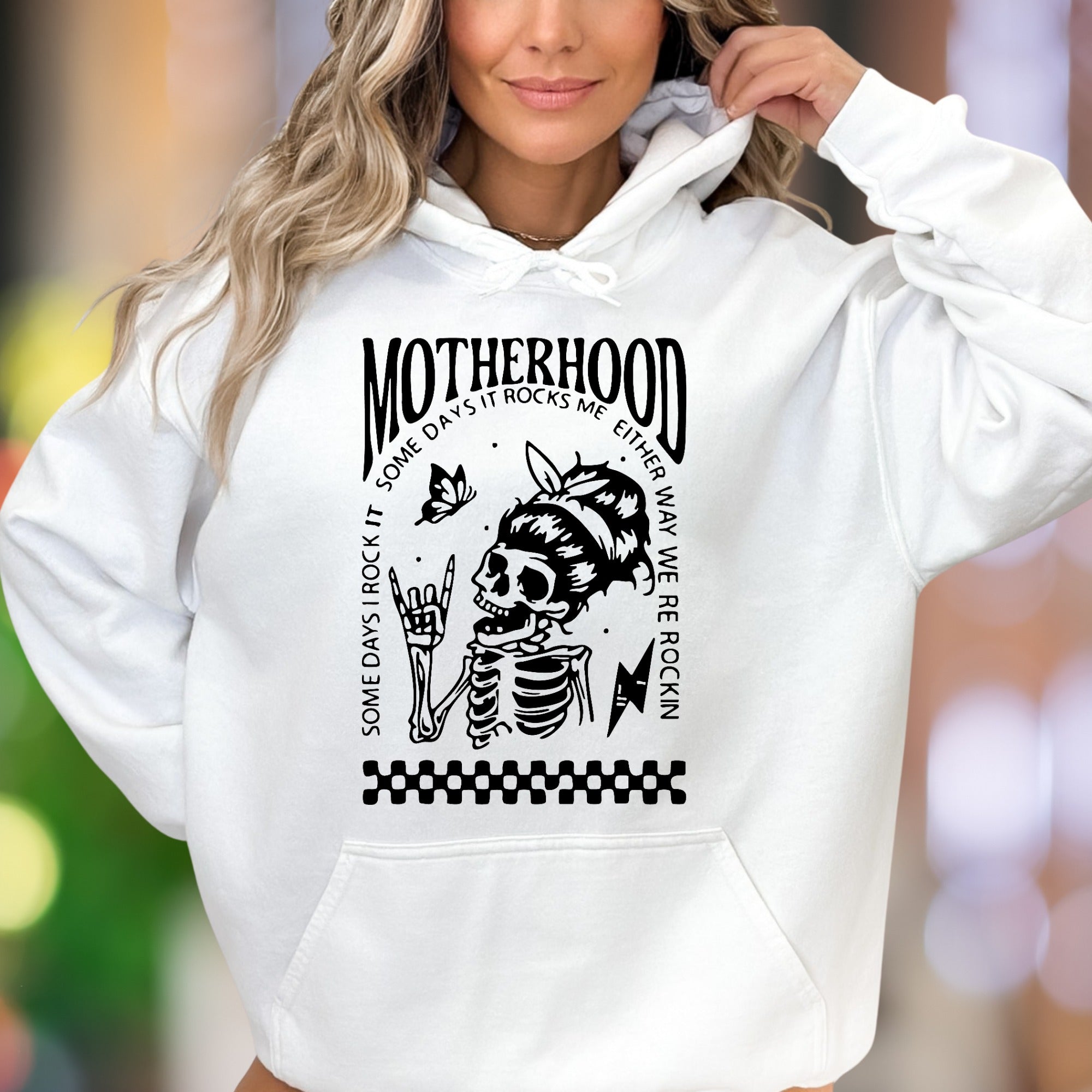 "Motherhood: Some Days It Rocks Me" | Vintage Skull Unisex Adult Hoodie | Parental Humor