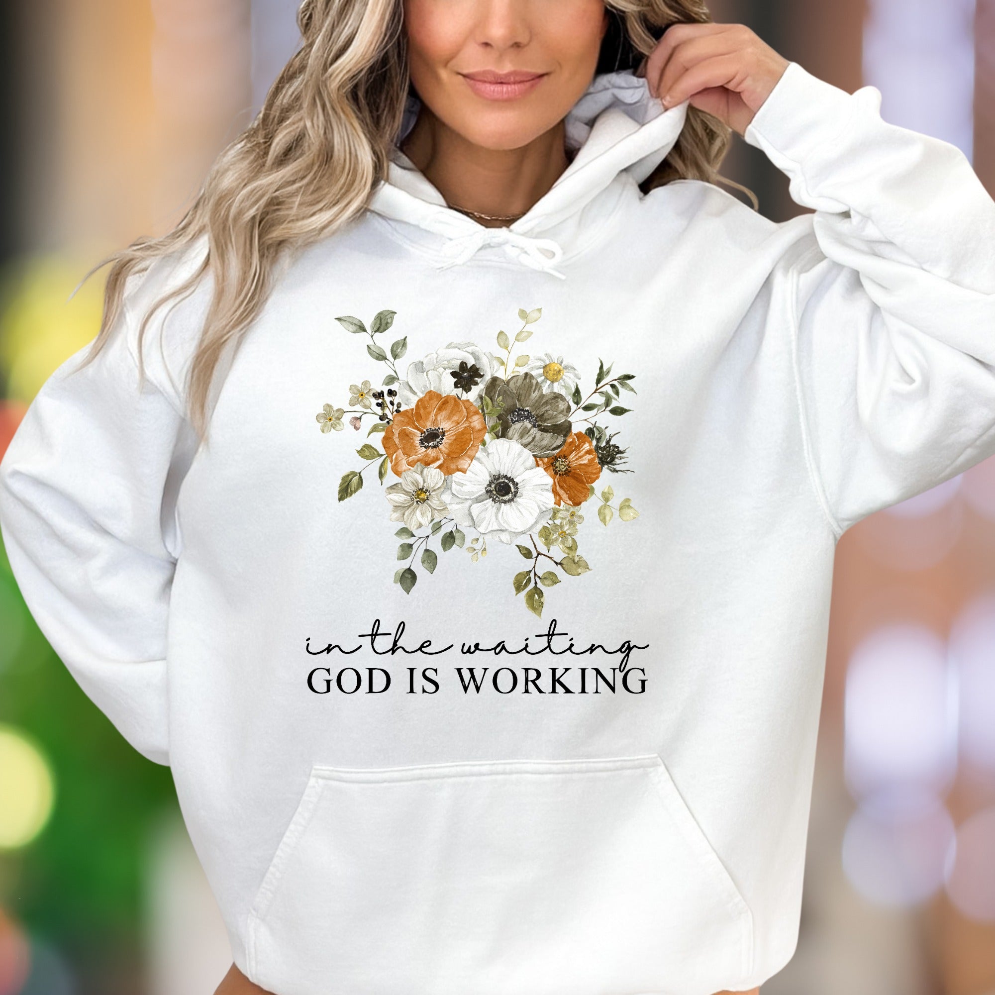 "In The Waiting God Is Working" | Floral Graphic Unisex Adult Hoodie | Motivational Lifestyle