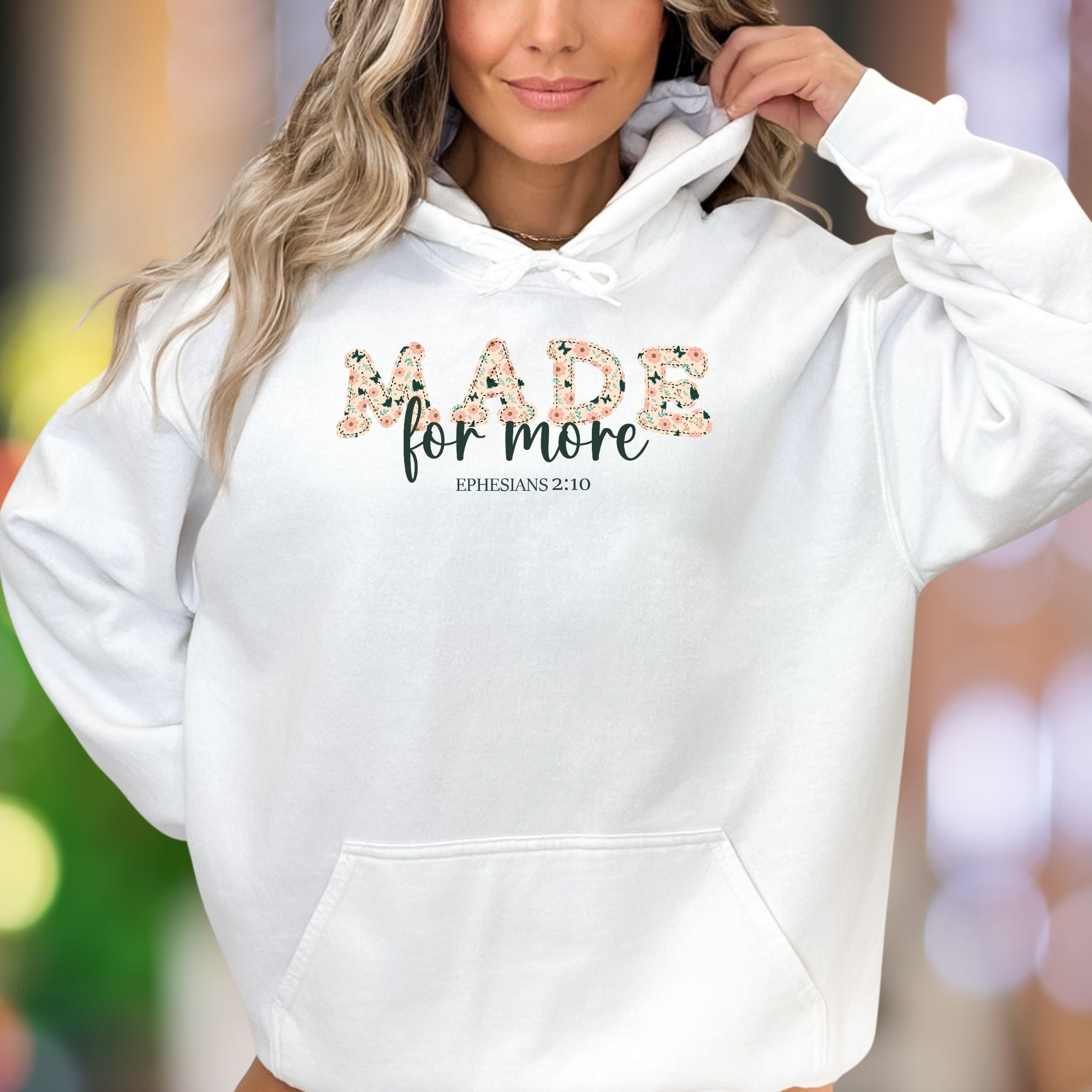 "MADE for more - Ephesians 2:10" | Floral Patchwork Unisex Adult Hoodie | Motivational Lifestyle