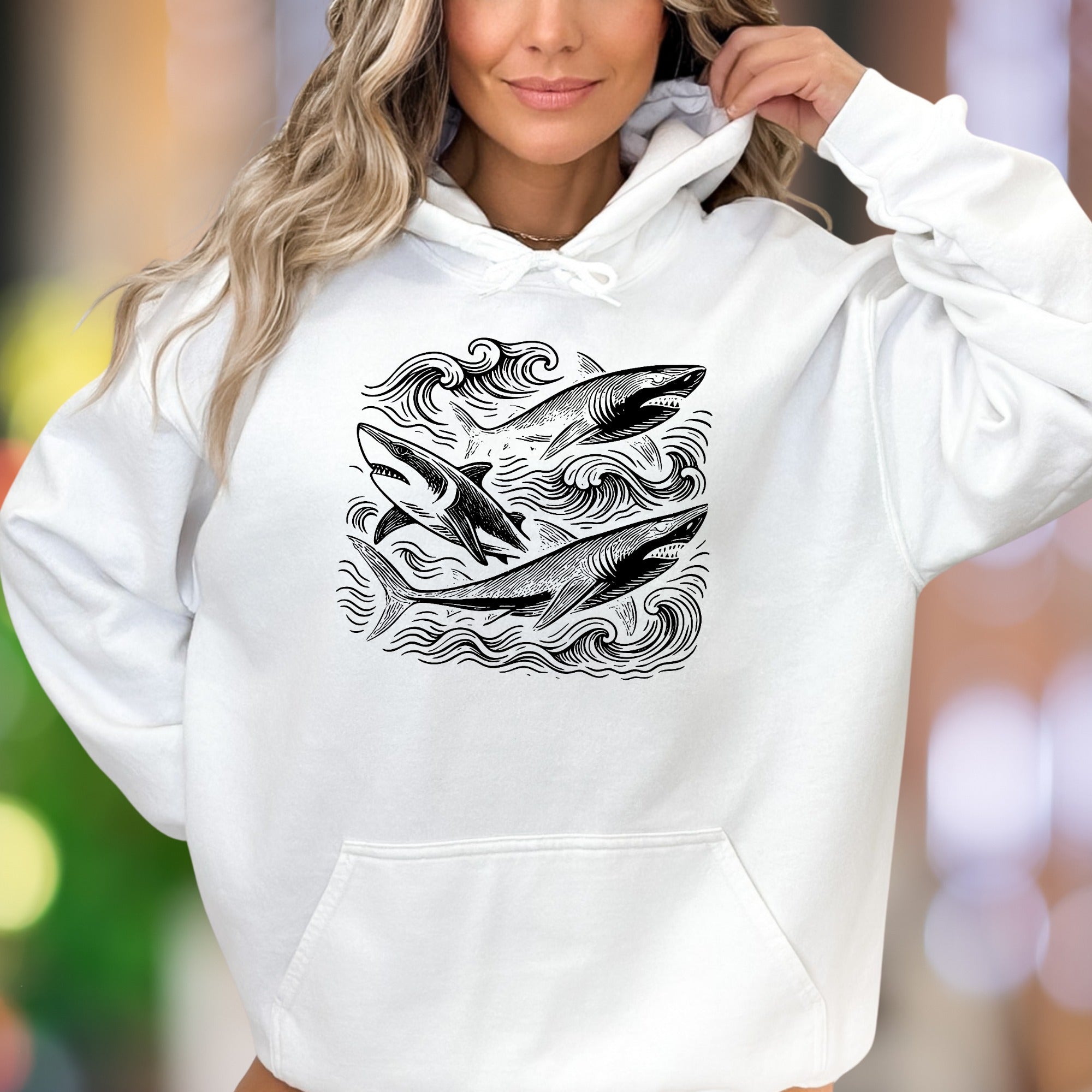 "Ocean Waves & Sharks" | Hand-Drawn Graphic Unisex Adult Hoodie | Nature Outdoor Lifestyle