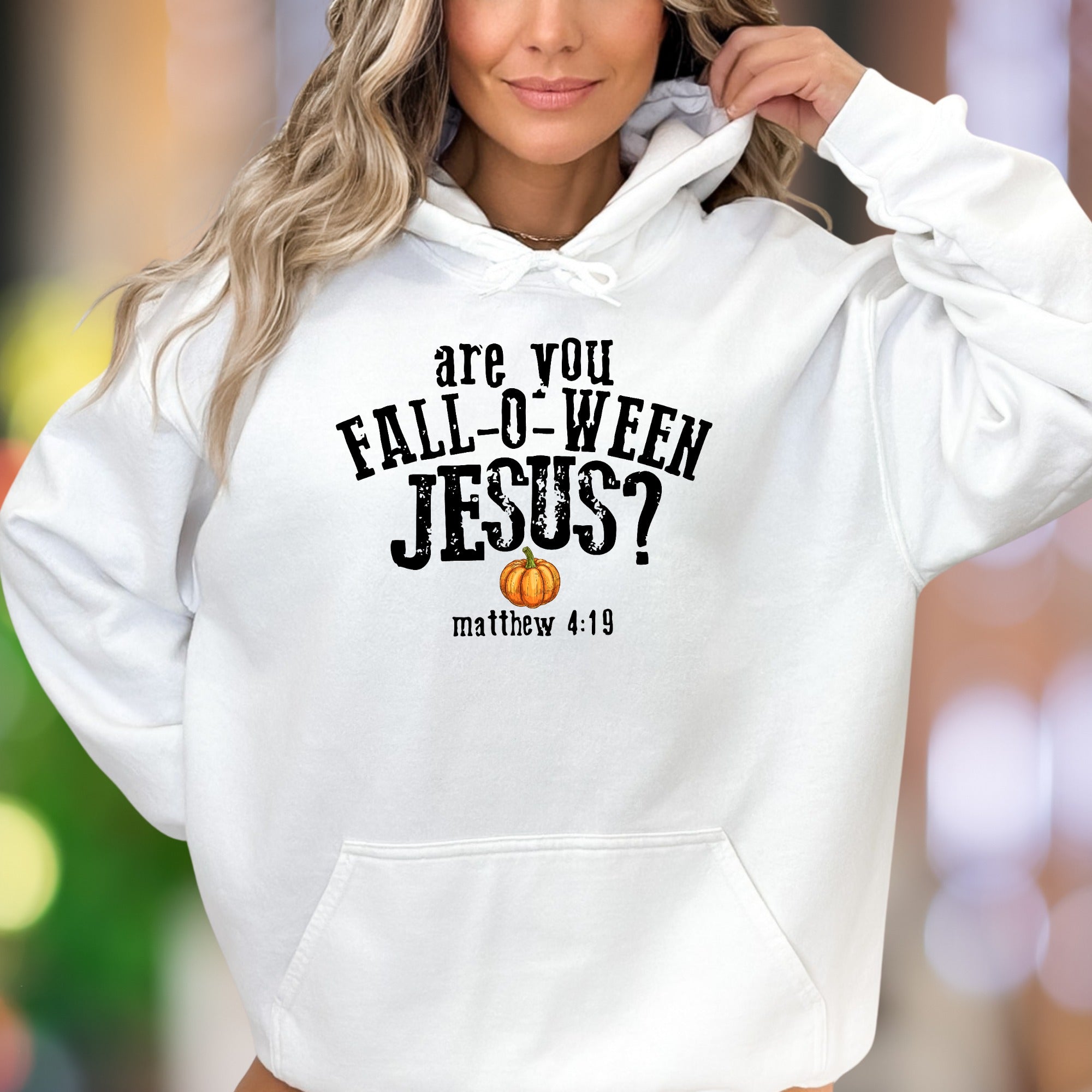 "Are You Fall-o-ween Jesus? Matthew 4:19" | Bold Typography Unisex Adult Hoodie | Humorous Lifestyle