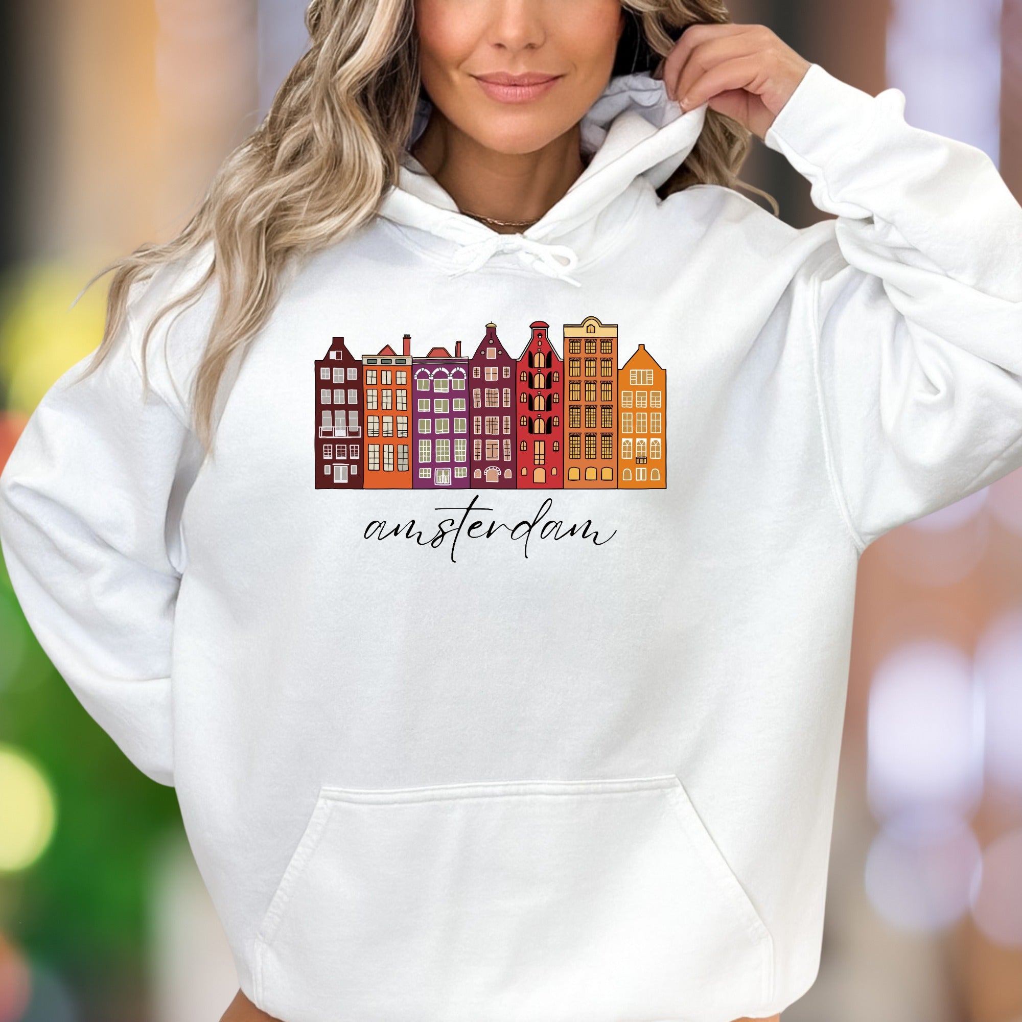"amsterdam" | Illustrated Cityscape Unisex Adult Hoodie | Travel Lifestyle