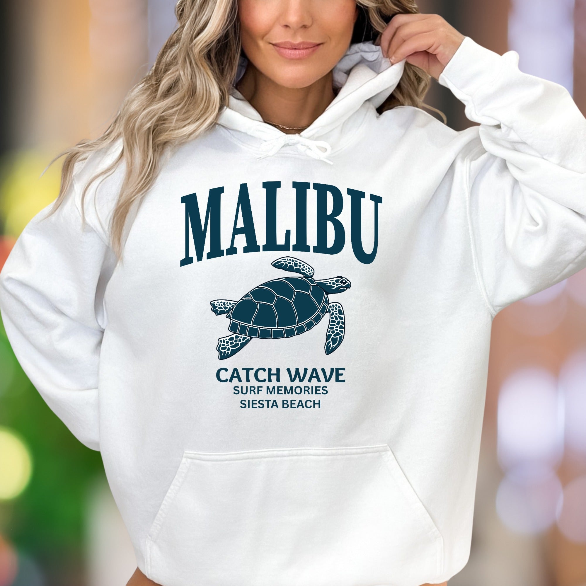 "MALIBU Catch Wave Surf Memories" | Retro Beach Unisex Adult Hoodie | Coastal Lifestyle