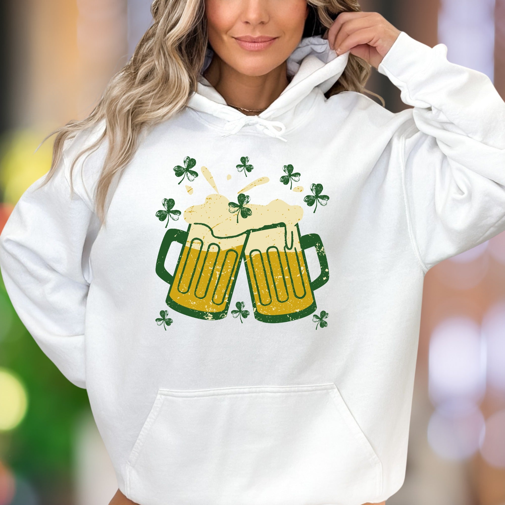"Cheers & Shamrocks" | Distressed Graphic Unisex Adult Hoodie | St. Patrick's Day Fun