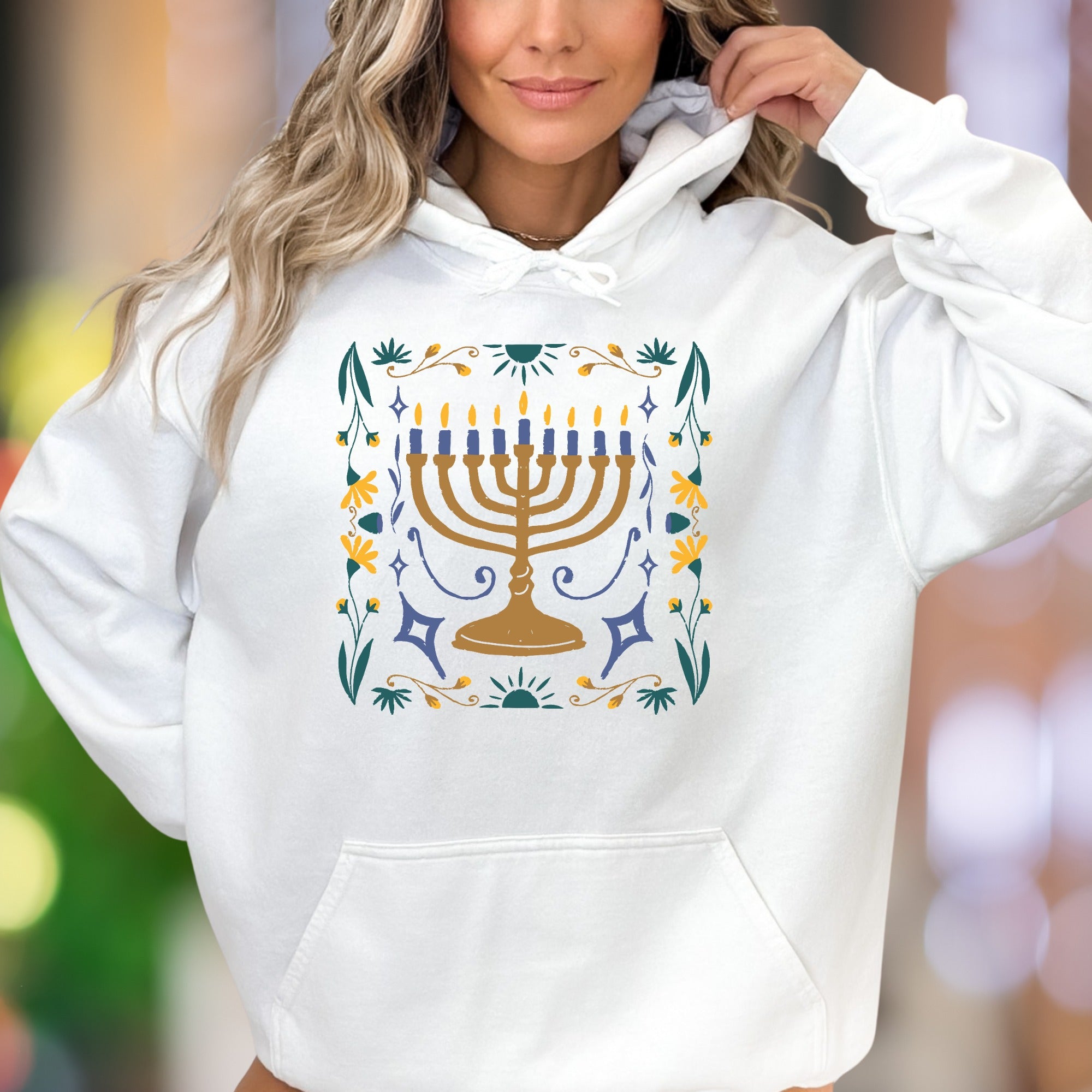 "Hanukkah Floral Menorah" | Folk Art Graphic Unisex Adult Hoodie | Festive Lifestyle