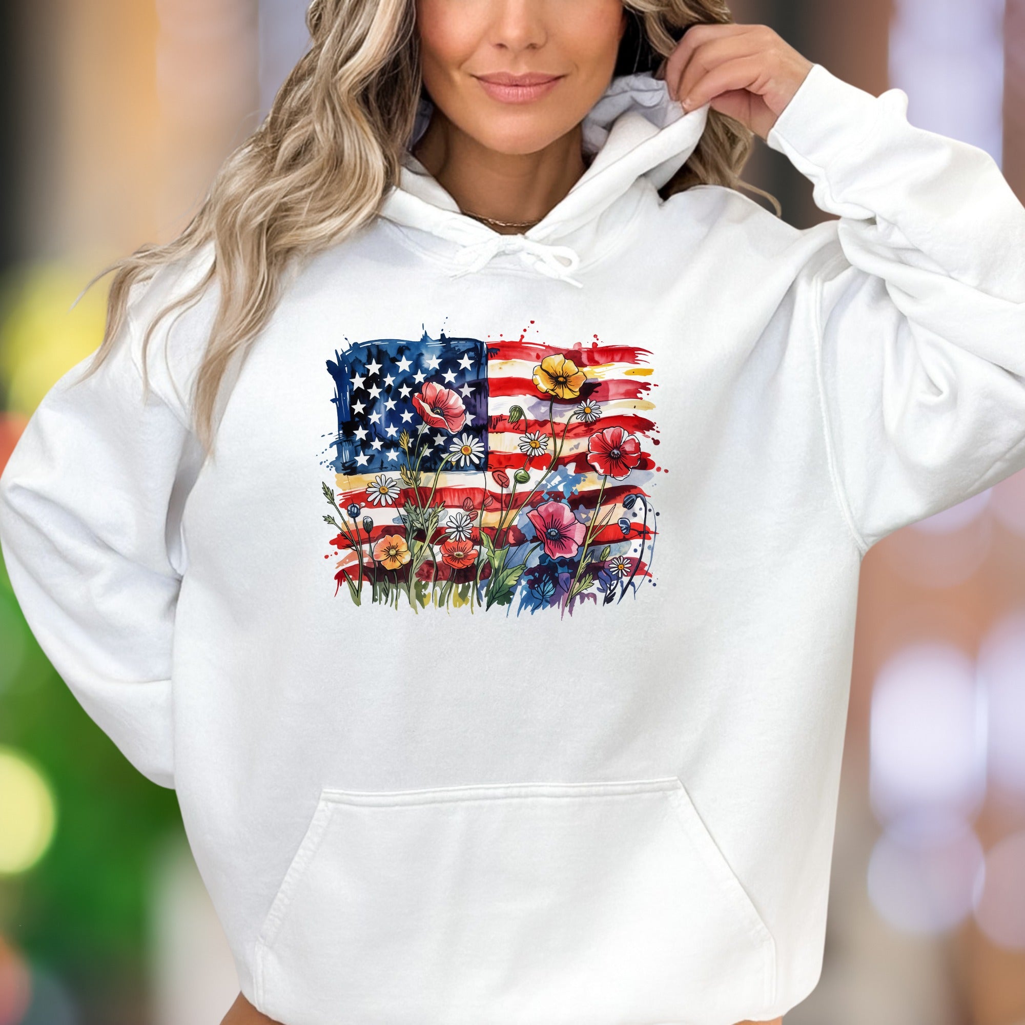 "Bloom With Patriotism" | Rustic Floral Flag Unisex Adult Hoodie | Nature-Inspired Lifestyle