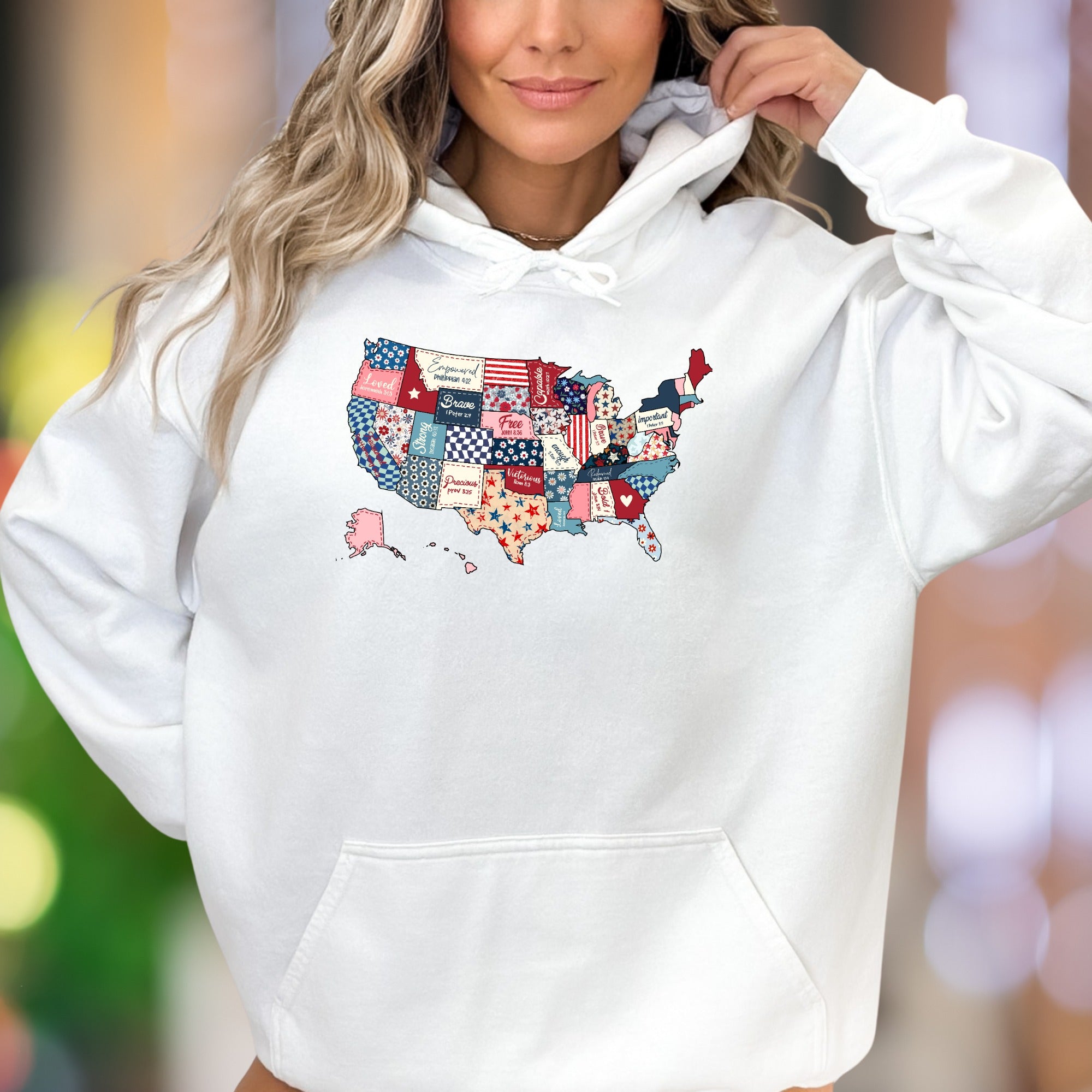 "Loved. Empowered. Brave. Free. Precious. Victorious. Important." | Patchwork USA Map Unisex Adult Hoodie | Motivational Identity