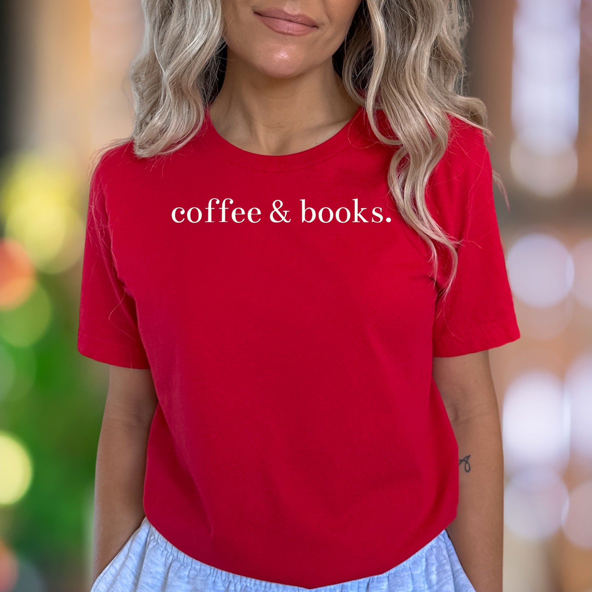 "coffee & books." | Minimal Typography Unisex Adult T-Shirt | Relaxed Lifestyle