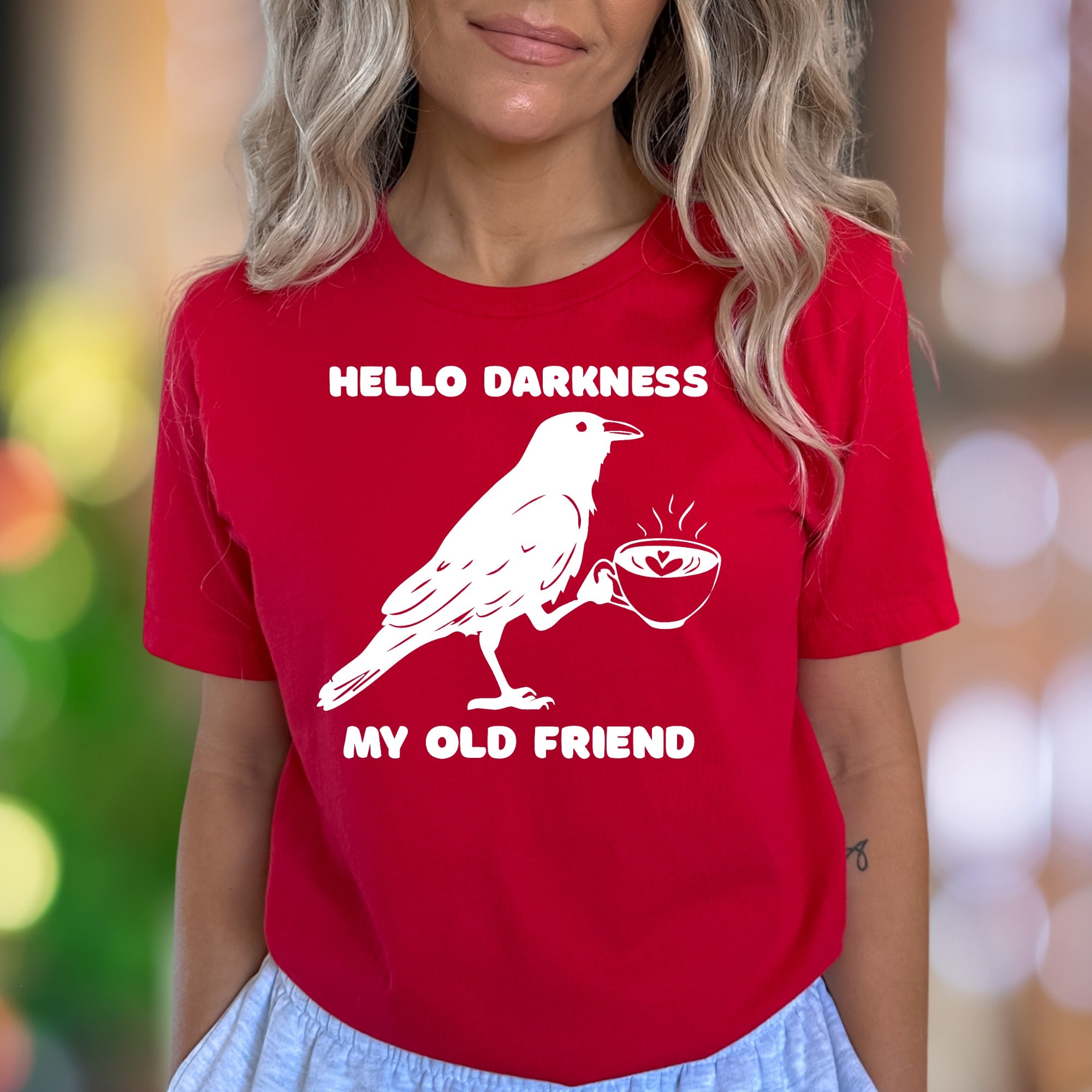 "Hello Darkness My Old Friend" | Funny Crow Coffee Unisex Adult T-Shirt | Sarcastic Lifestyle
