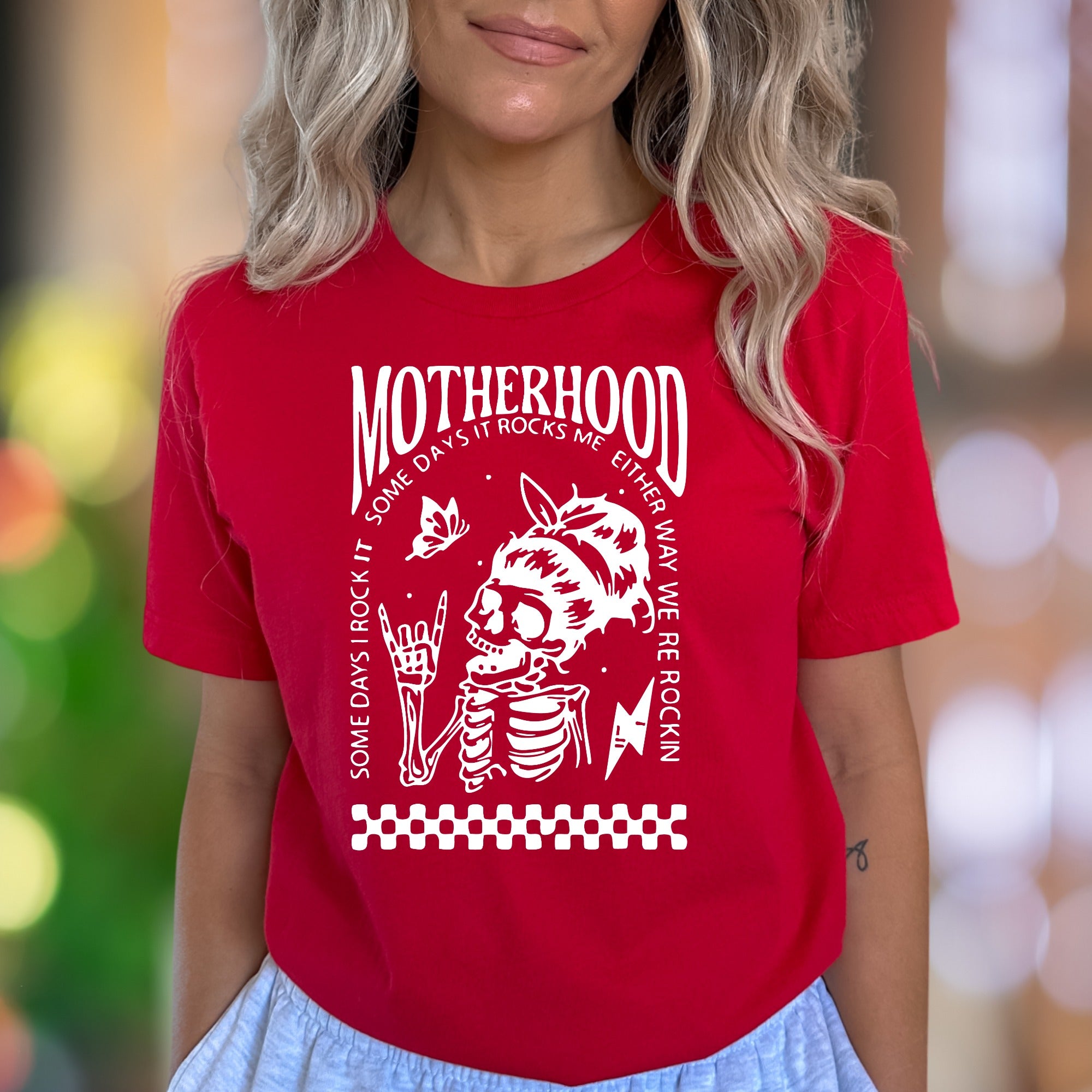"Motherhood - Some Days I Rock It, Some Days It Rocks Me" | Bold Retro Unisex Adult T-Shirt | Edgy Mom Life