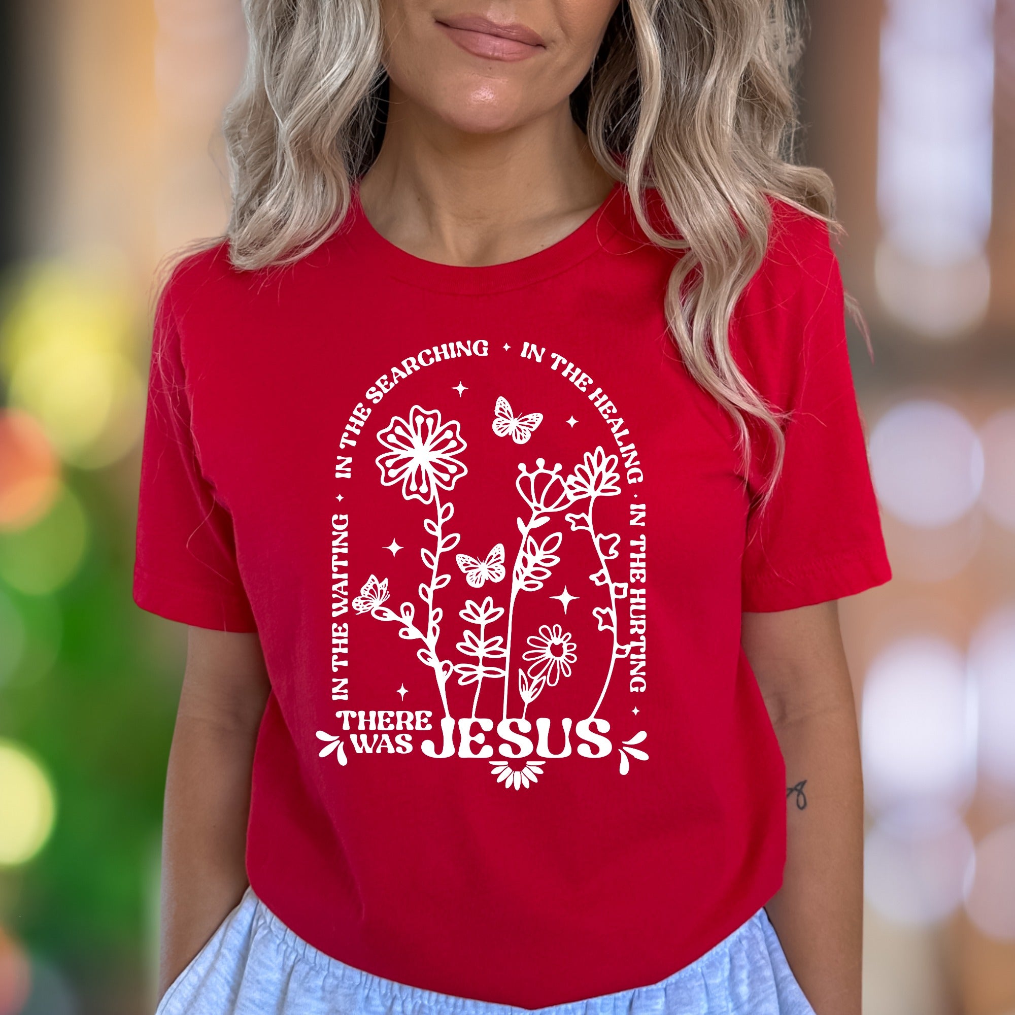 "In The Waiting, In The Searching, In The Healing, In The Hurting There Was Jesus" | Floral Graphic Unisex Adult T-Shirt | Faith-Inspired Lifestyle