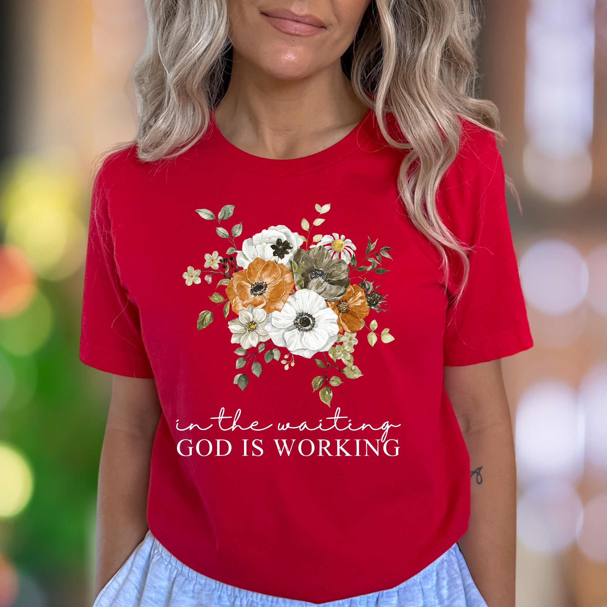 “In The Waiting God Is Working" | Floral Graphic Unisex Adult T-Shirt | Inspirational Lifestyle