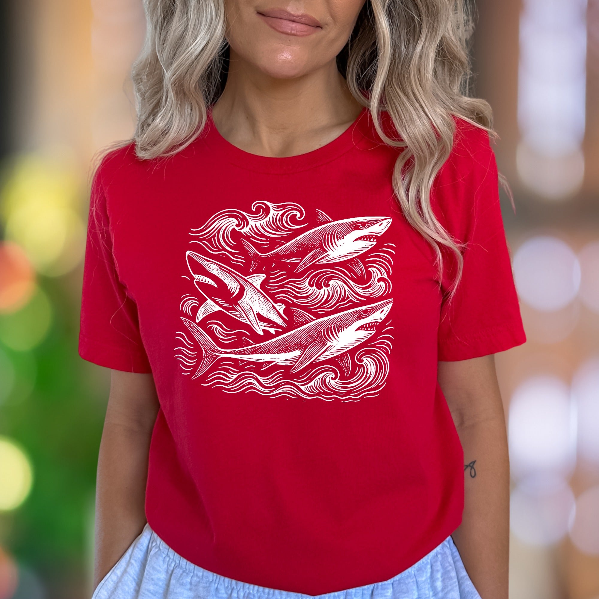"Sharks with Waves" | Vintage Ocean Graphic Unisex Adult T-Shirt | Marine Lifestyle