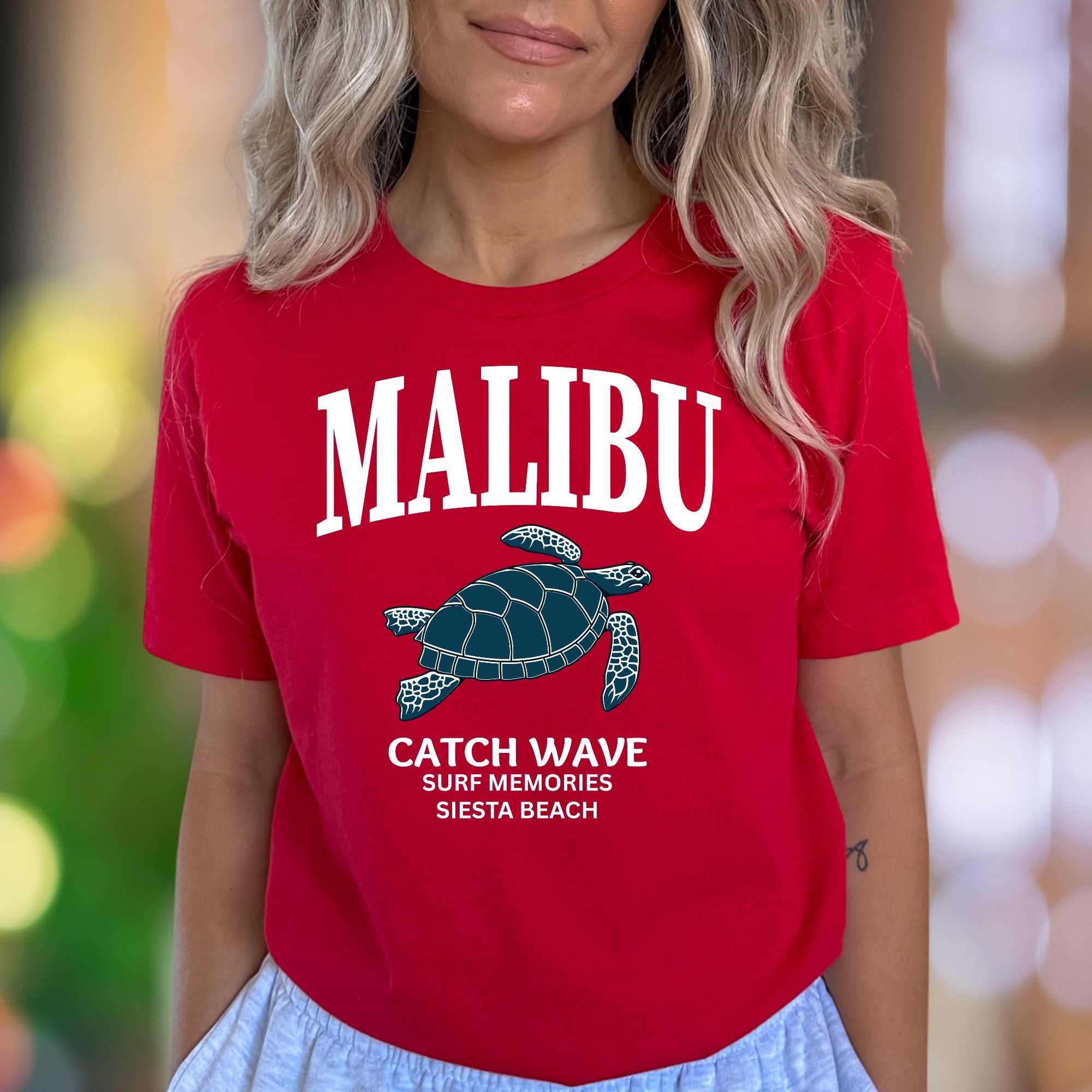 "MALIBU Catch Wave Surf Memories Siesta Beach" | Retro Island Graphic Unisex Adult T-Shirt | Beach Lifestyle