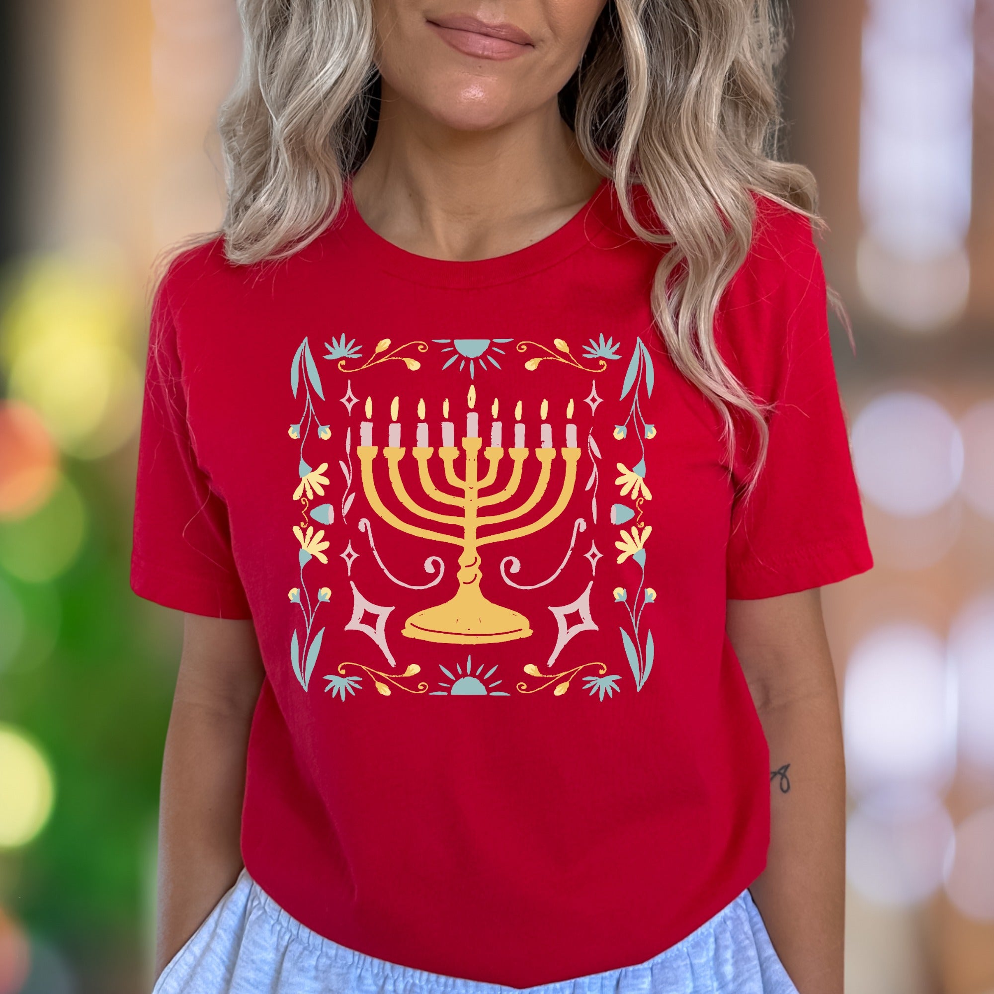 "Menorah & Floral" | Folk Art Unisex Adult T-Shirt | Festive Lifestyle