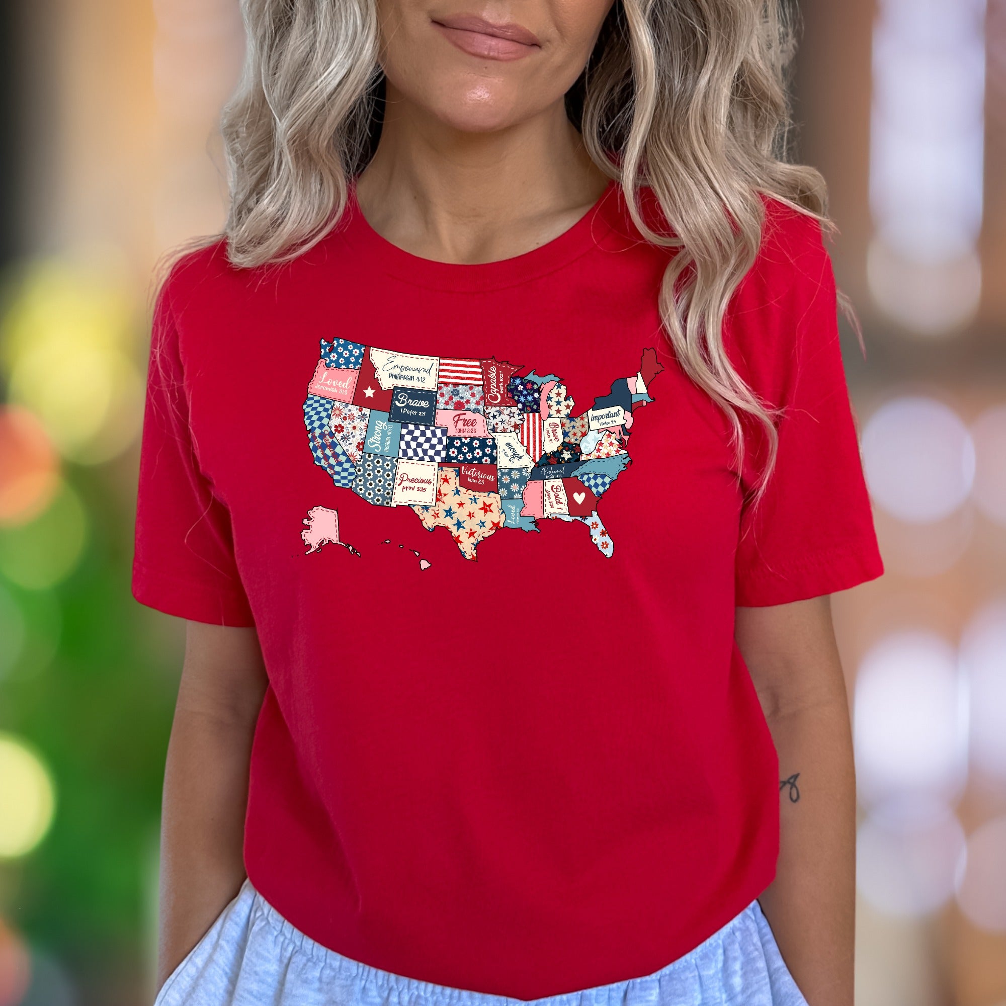 "Loved, Empowered, Capable" | Patriotic Patchwork Unisex Adult T-Shirt | Empowering Lifestyle