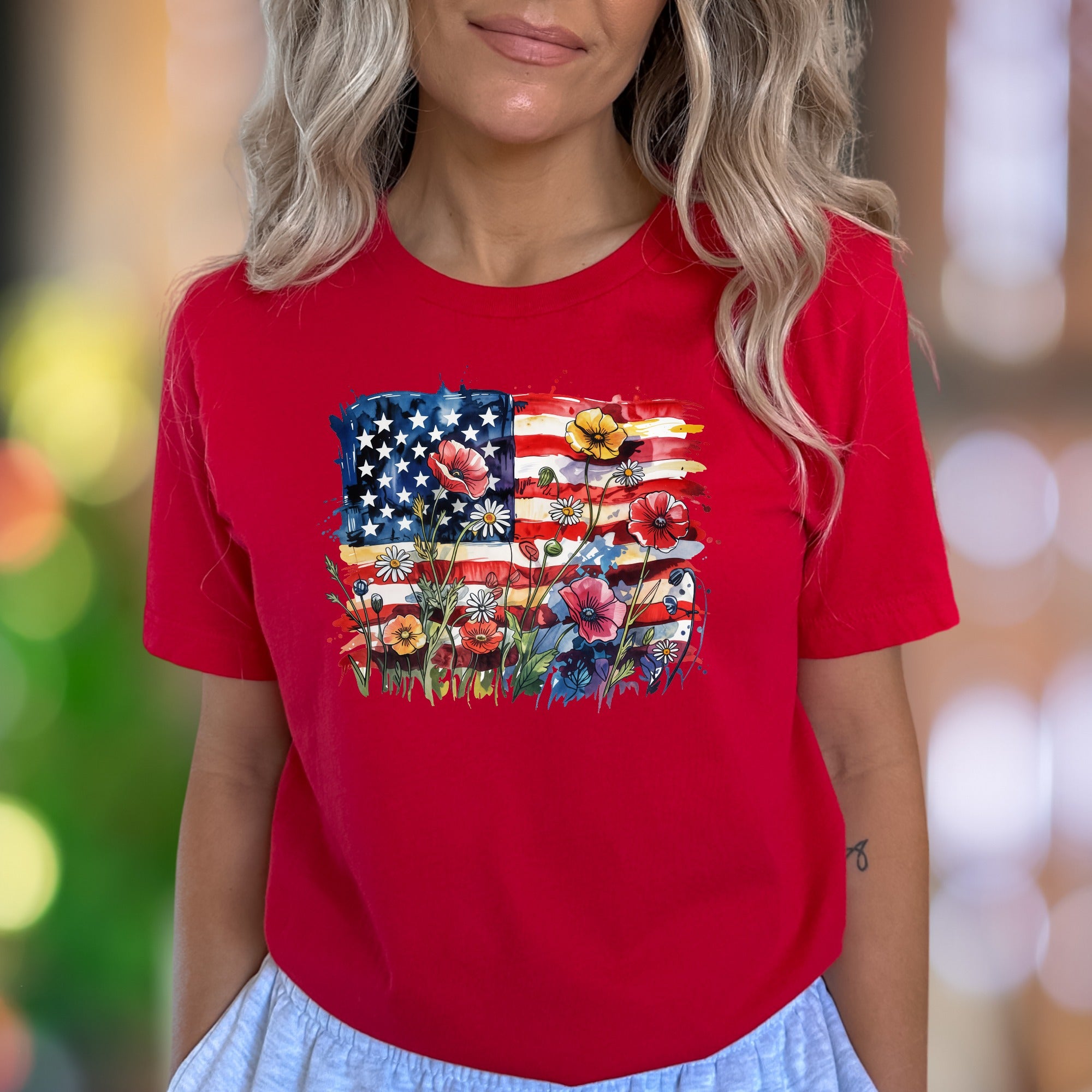 "Floral Flag Sketch" | Watercolor Graphic Unisex Adult T-Shirt | Patriotic Expression