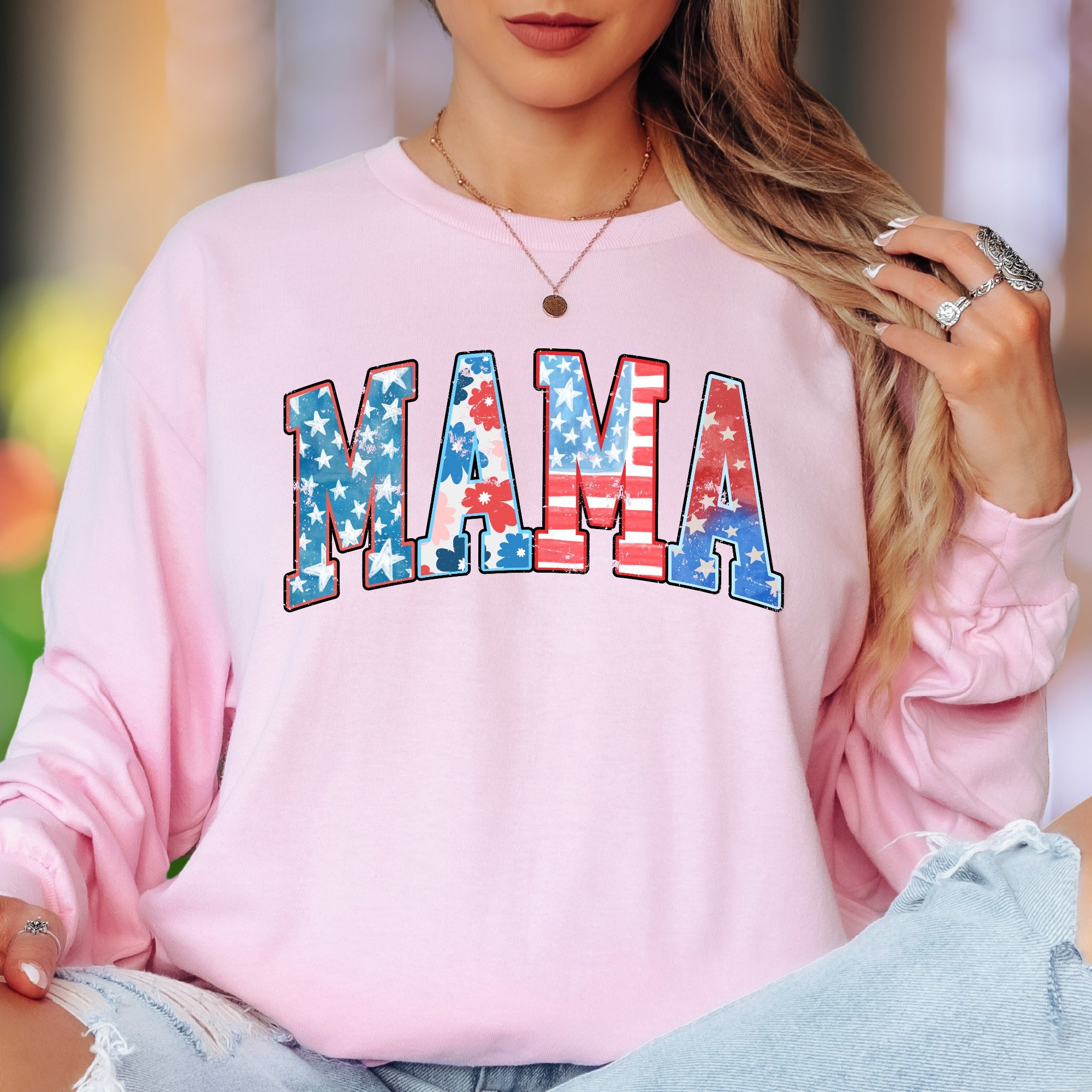 "MAMA" | Distressed Grunge Patriotic Unisex Adult Long Sleeve T-Shirt | Motherhood Lifestyle