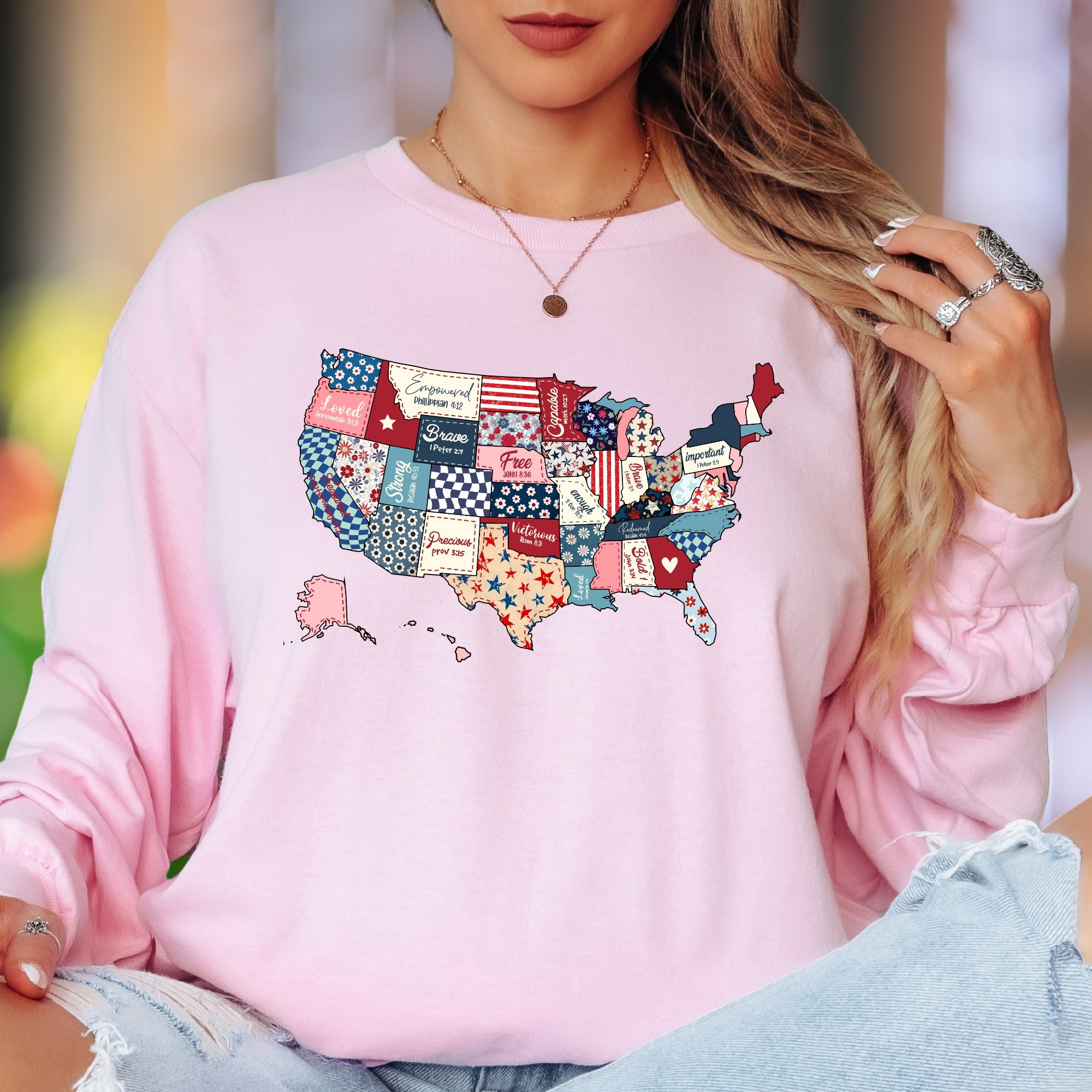 “Empowered Capable Brave Free Loved Strong Precious Victorious Redeemed Important Bold” | Vintage Patchwork Unisex Adult Long Sleeve T-Shirt | Faith-Inspired Lifestyle