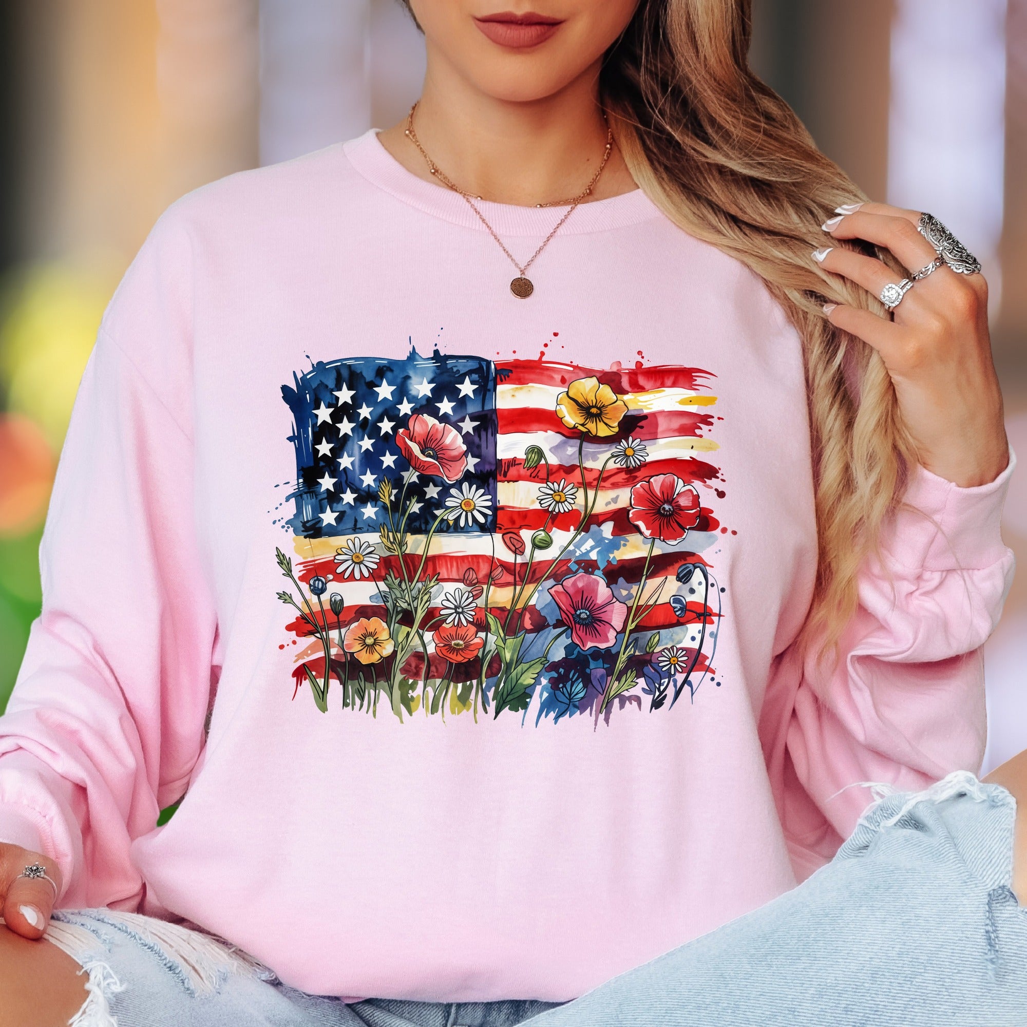 "Abstract Floral Flag" | Watercolor Nature Unisex Adult Long Sleeve T-Shirt | Patriotic Lifestyle
