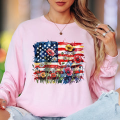 "Abstract Floral Flag" | Watercolor Nature Unisex Adult Long Sleeve T-Shirt | Patriotic Lifestyle