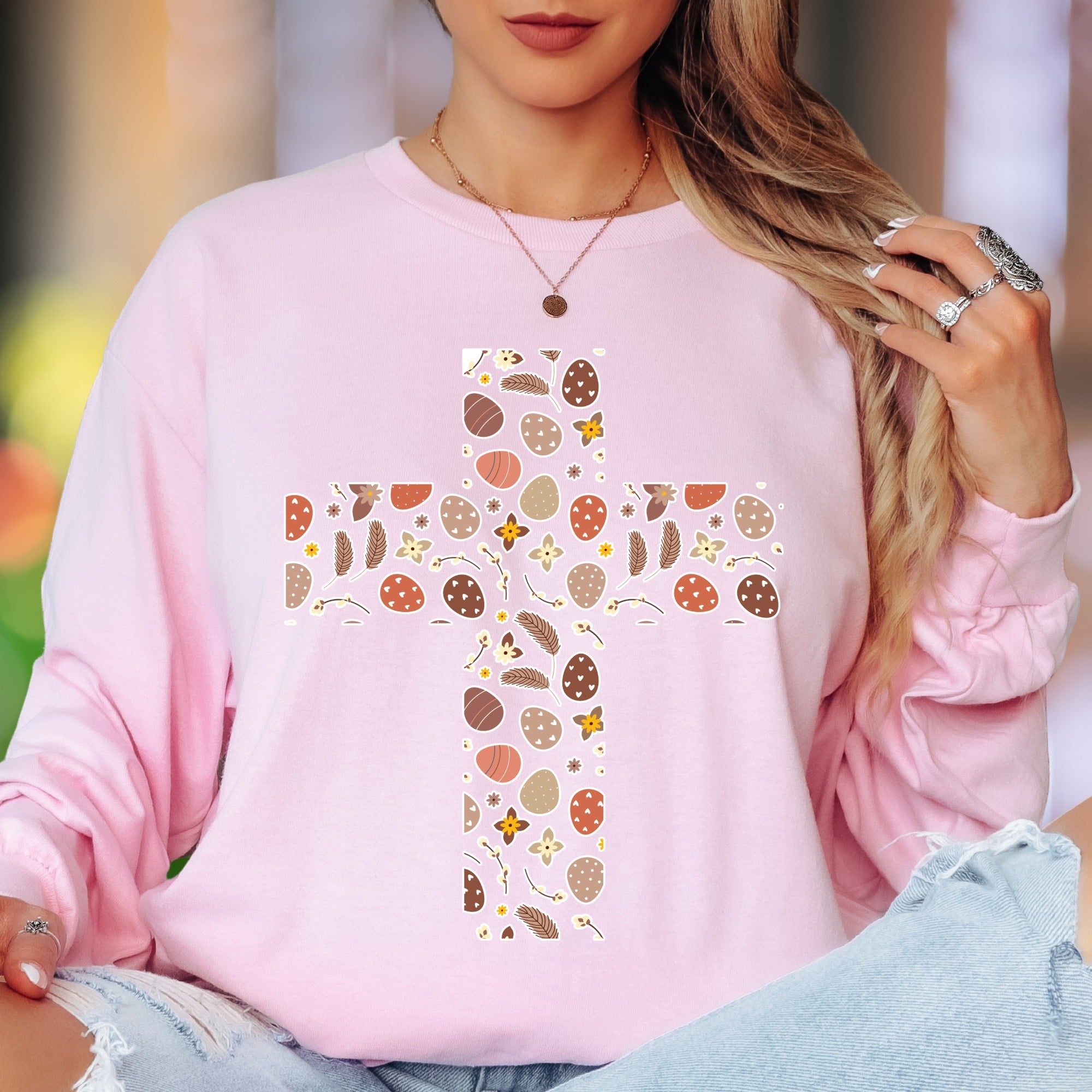 Easter Floral Egg Cross Long Sleeve Tee - Christian Spring Faith Adult Unisex T-Shirt