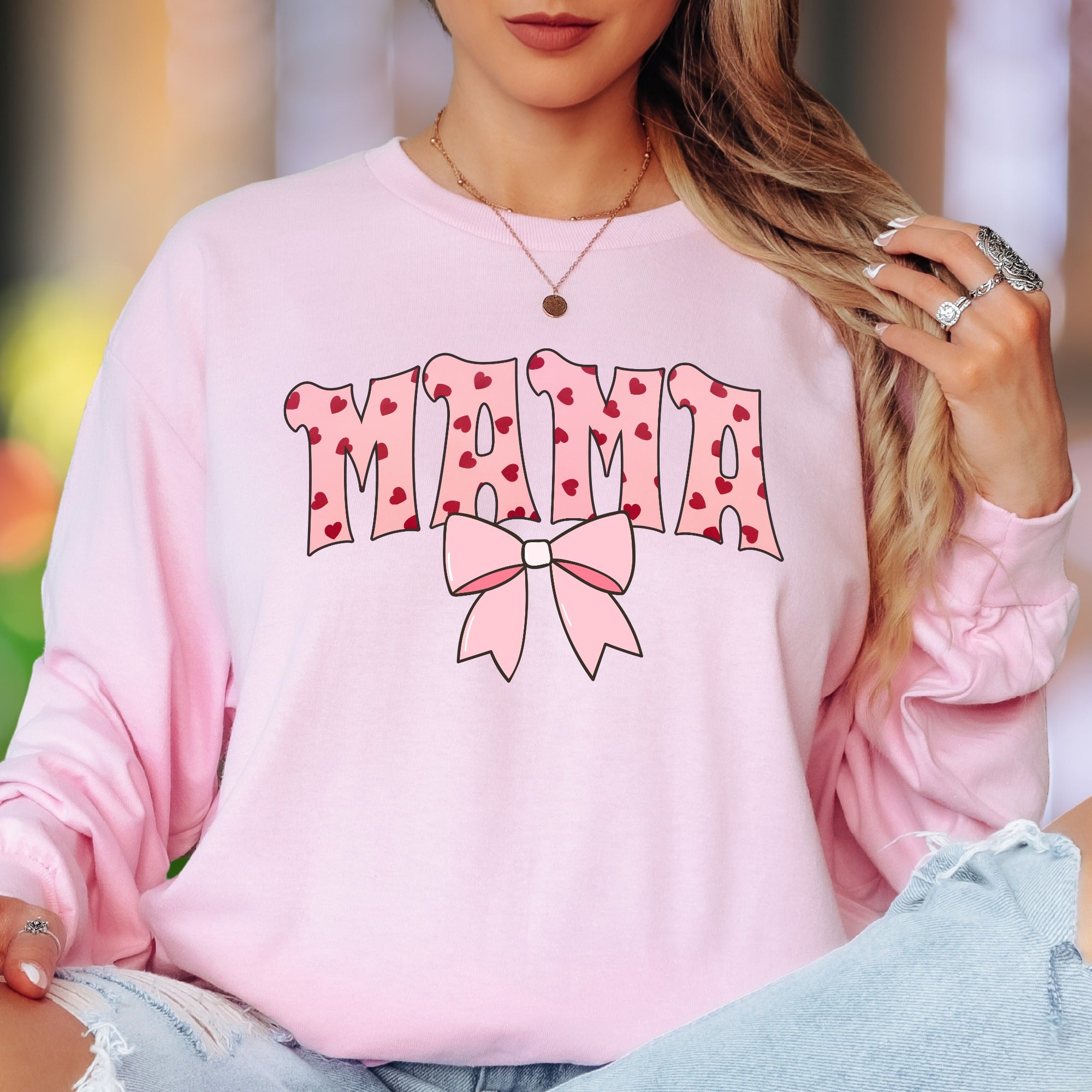 "MAMA" | Heart Pattern Typography Unisex Adult Long Sleeve T-Shirt | Loving Motherhood Style
