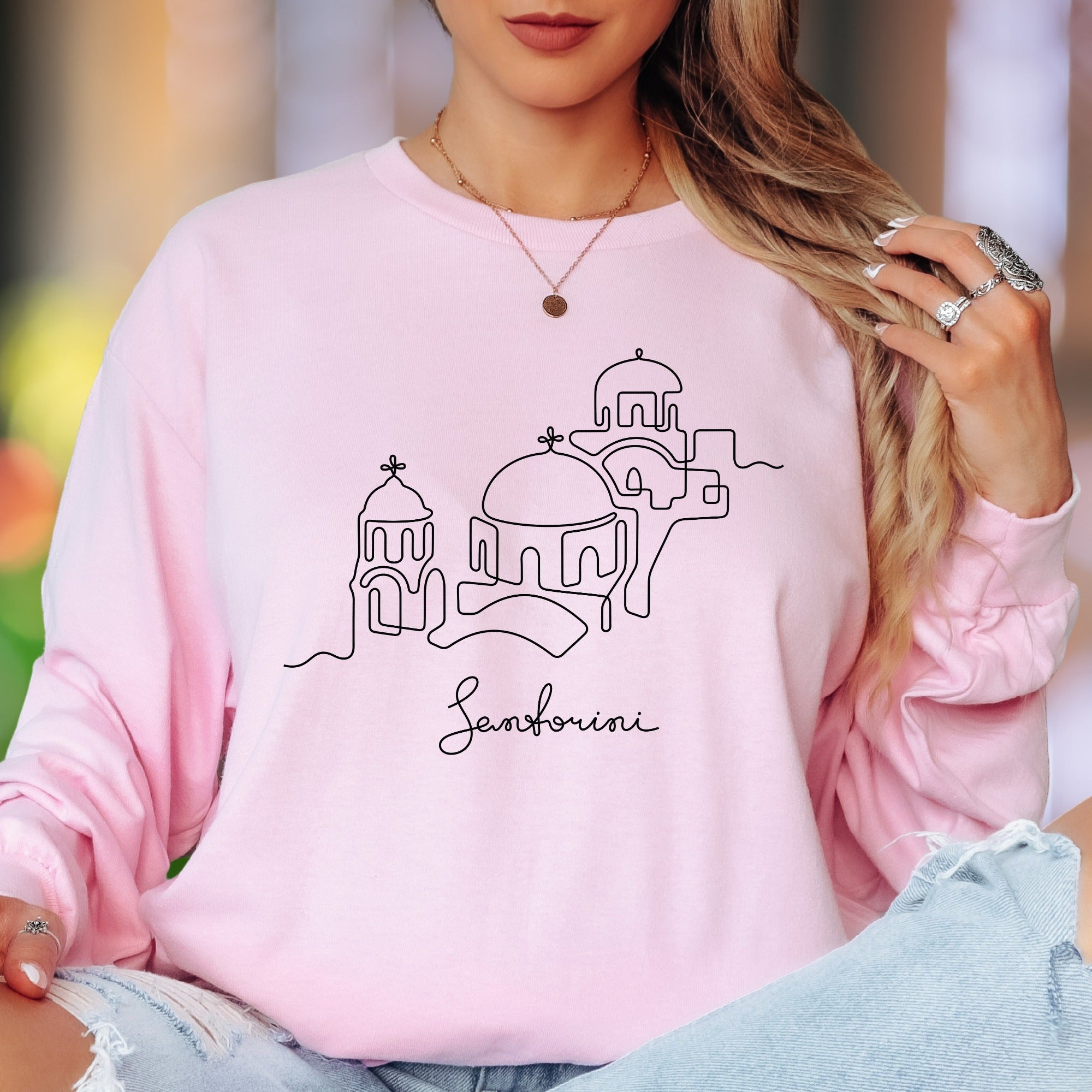 "Santorini" | Minimal Line Art Unisex Adult Long Sleeve T-Shirt | Travel & Lifestyle