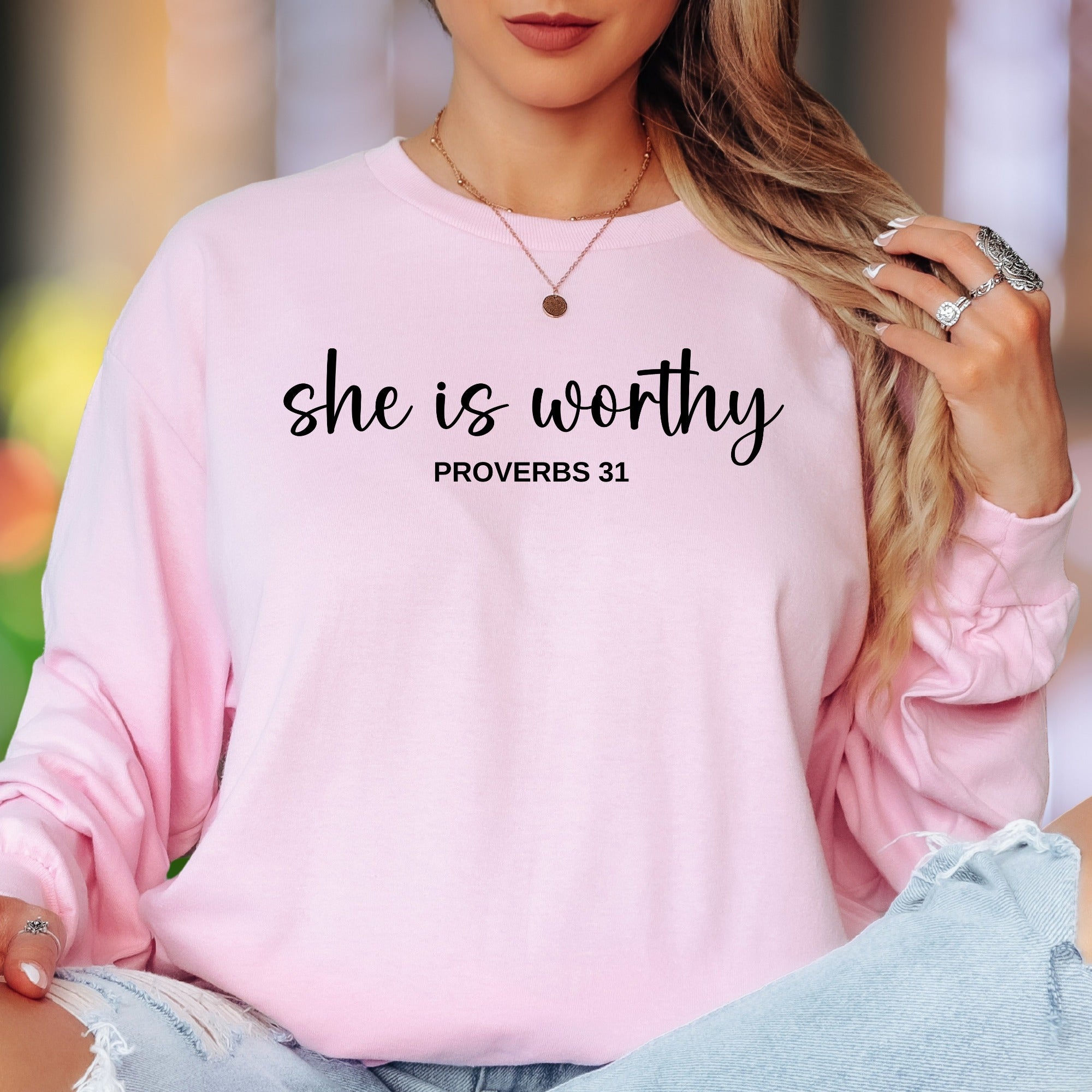 "she is worthy PROVERBS 31" | Script Typography Unisex Adult Long Sleeve T-Shirt | Empowering Lifestyle