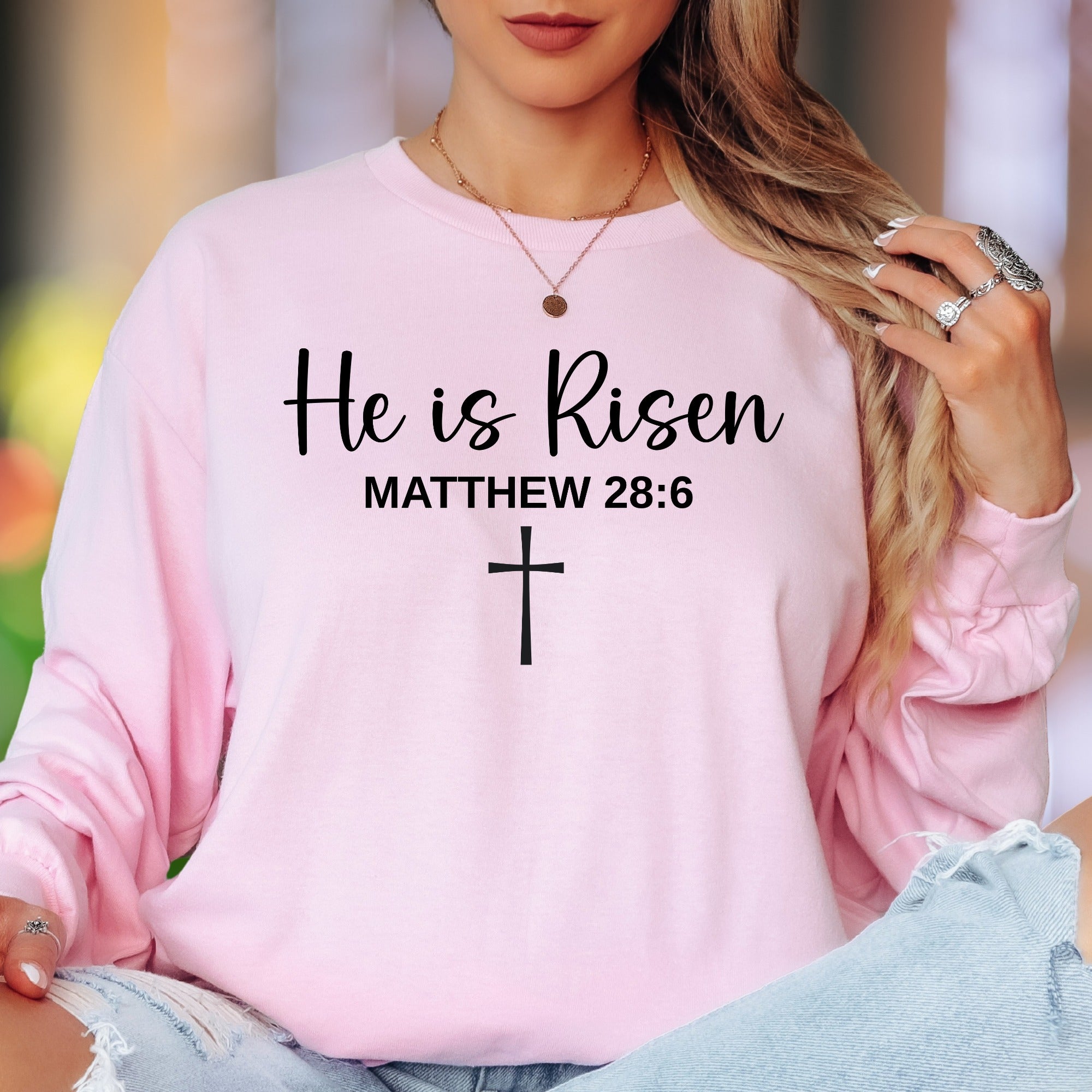 "He is Risen Matthew 28:6" | Modern Typography Unisex Adult Long Sleeve T-Shirt | Faith-Inspired Lifestyle