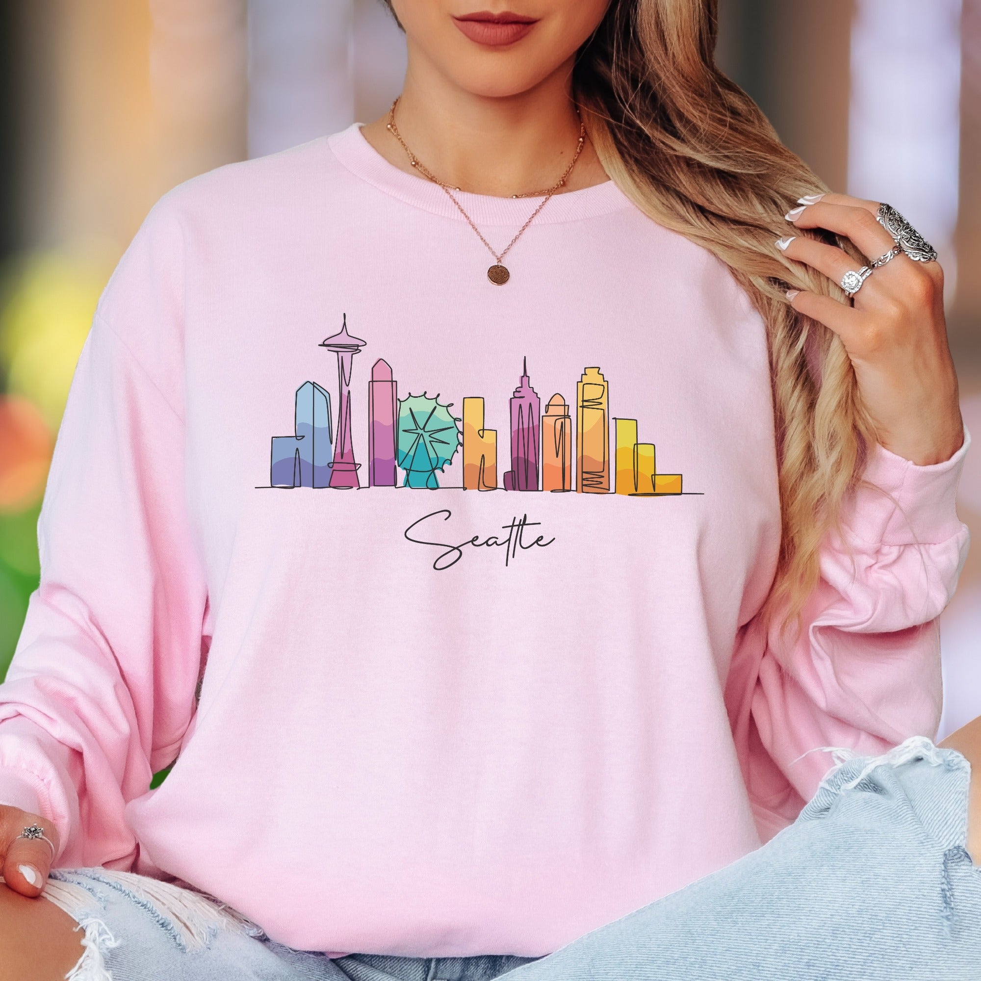 "Seattle" | Minimal Skyline Unisex Adult Long Sleeve T-Shirt | Colorful Cityscape
