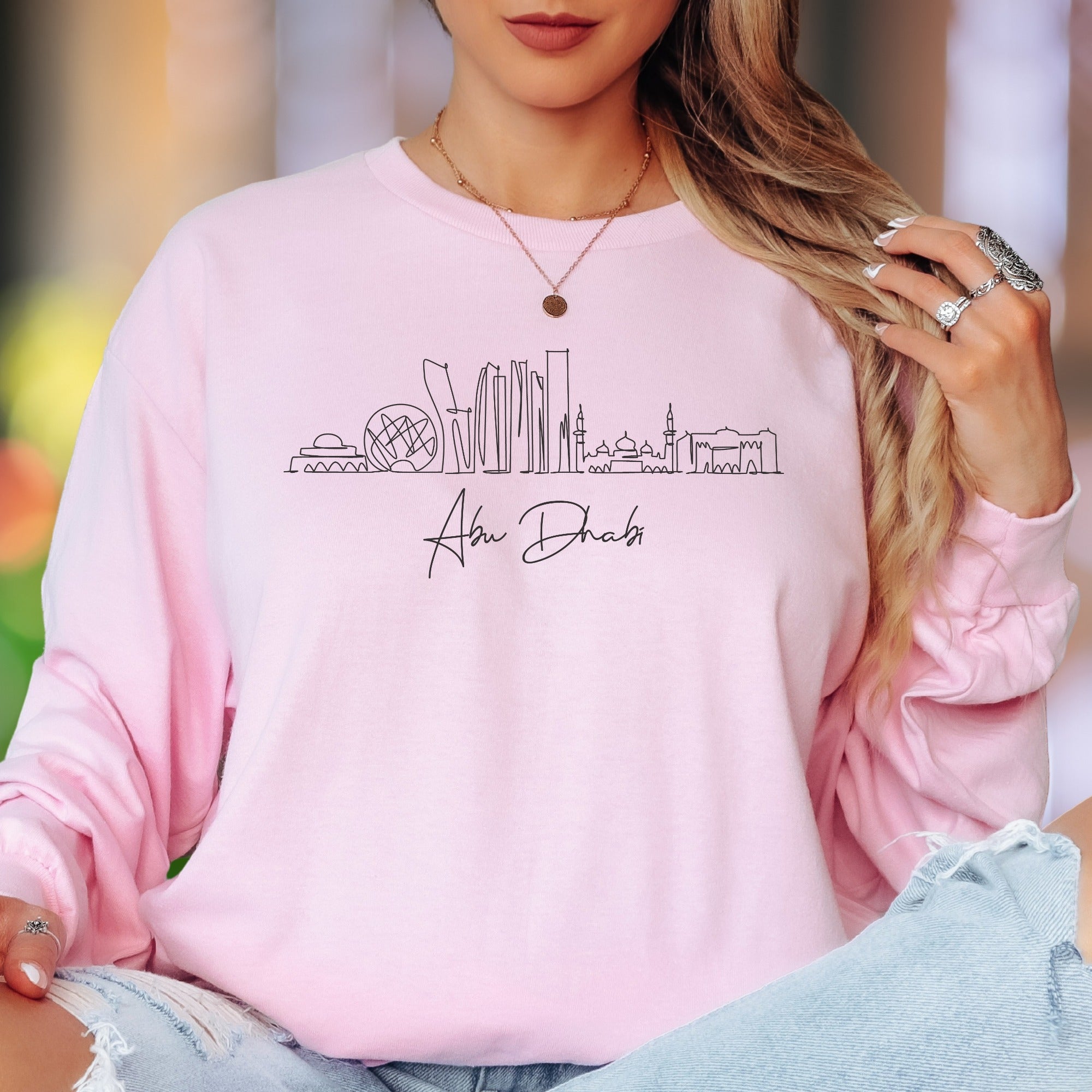 "Abu Dhabi" | Minimal Skyline Unisex Adult Long Sleeve T-Shirt | Travel & Cityscape