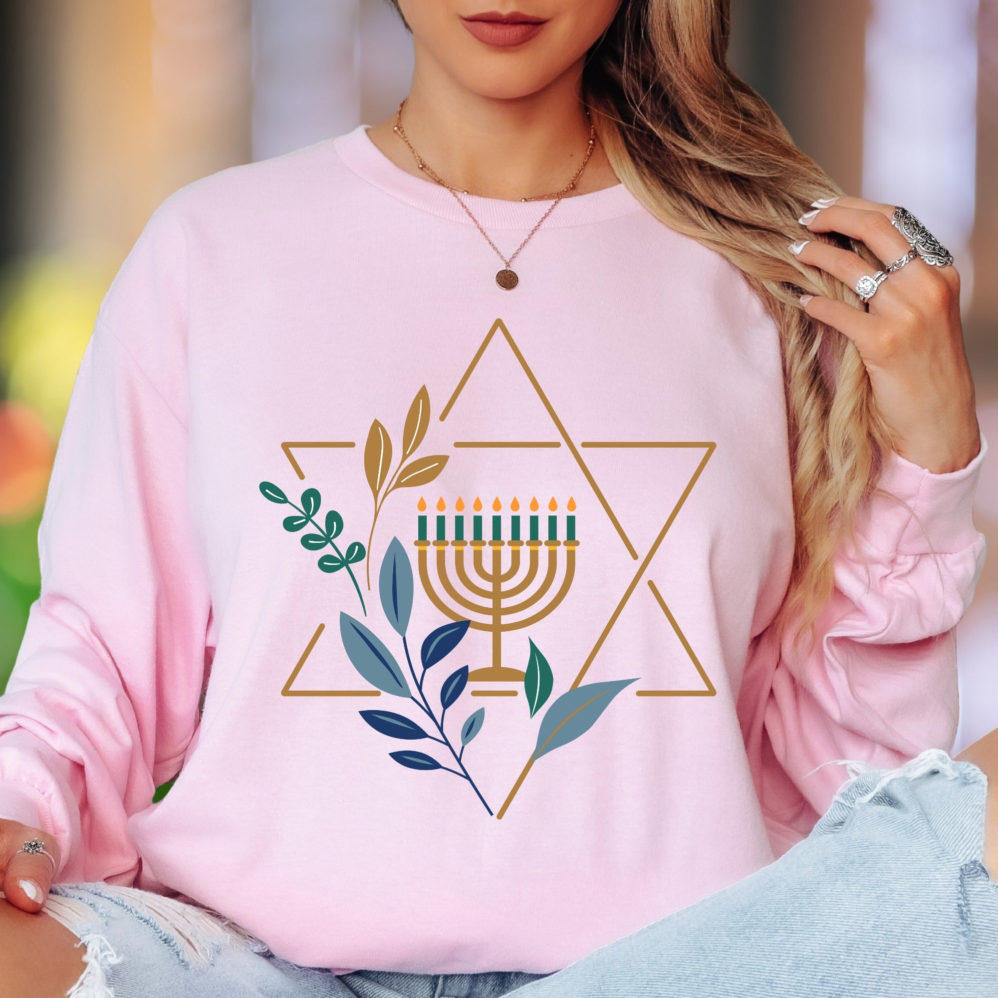 "Menorah & Star of David" | Floral Hanukkah Unisex Adult Long Sleeve T-Shirt | Festive Heritage