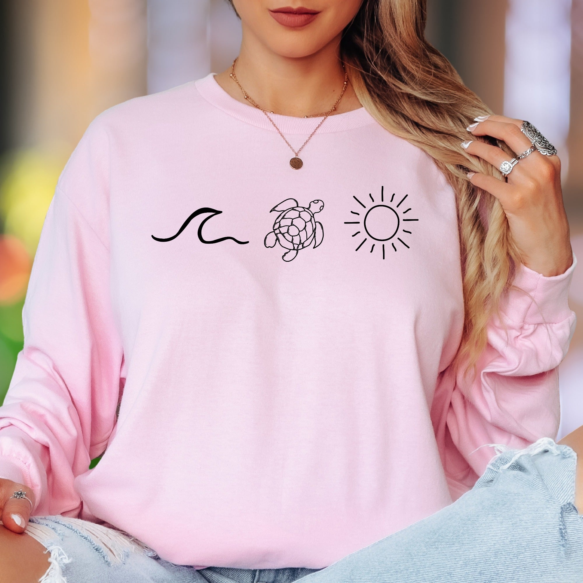"Wave Turtle Sun" | Minimal Nature Unisex Adult Long Sleeve T-Shirt | Ocean Lifestyle