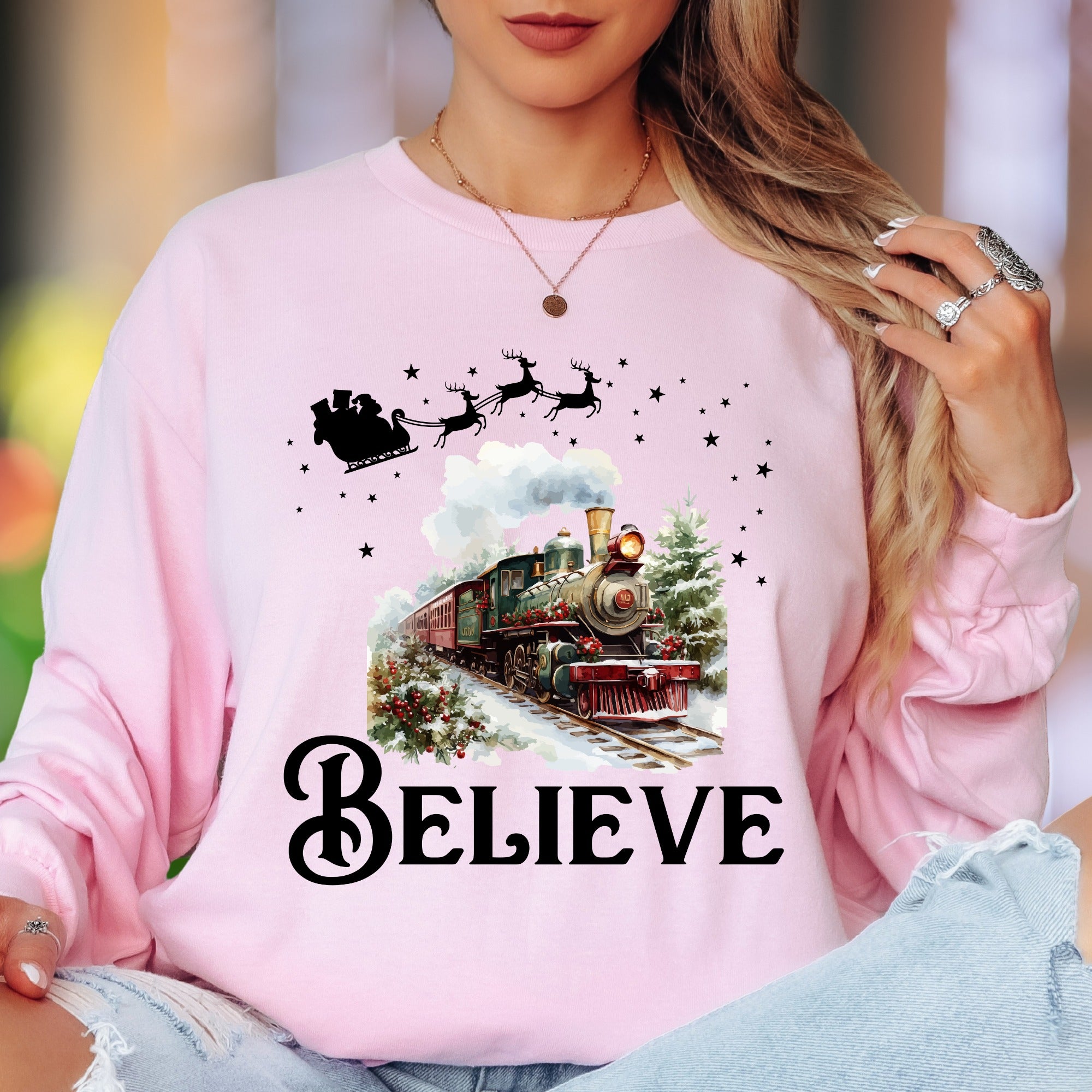 "Believe" | Christmas Train Illustration Unisex Adult Long Sleeve T-Shirt | Festive Holiday Wear