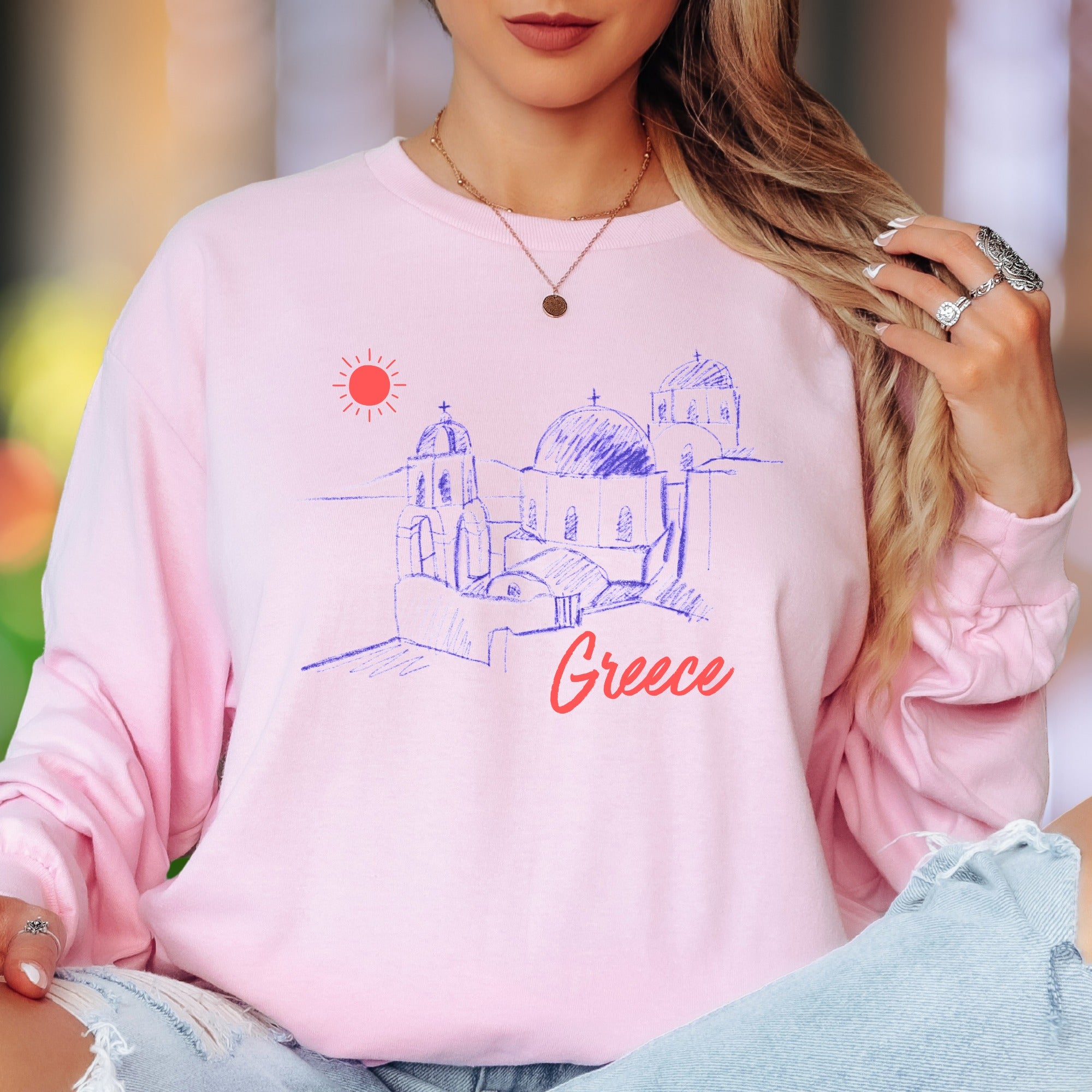"Greece" | Sketch Art Unisex Adult Long Sleeve T-Shirt | Travel & Wanderlust