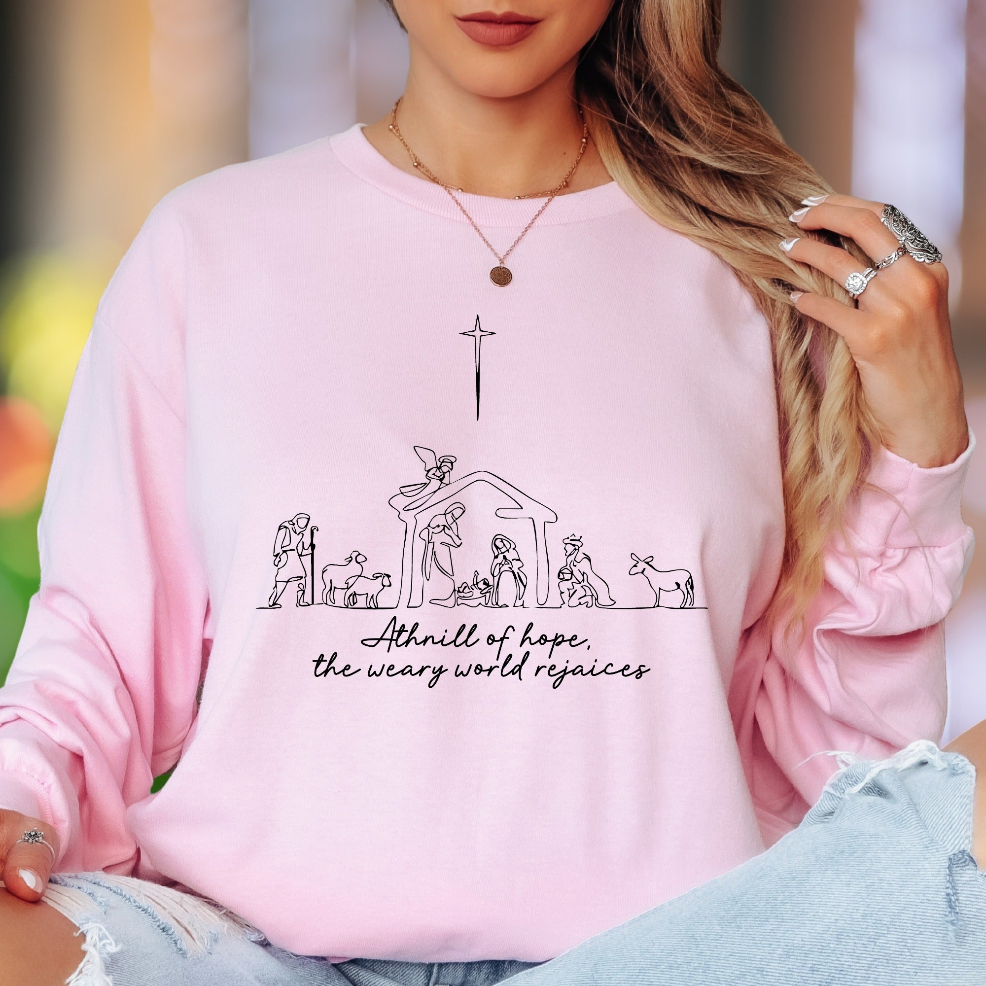 "A thrill of hope, the weary world rejoices" | Minimalist Nativity Unisex Adult Long Sleeve T-Shirt | Festive Lifestyle