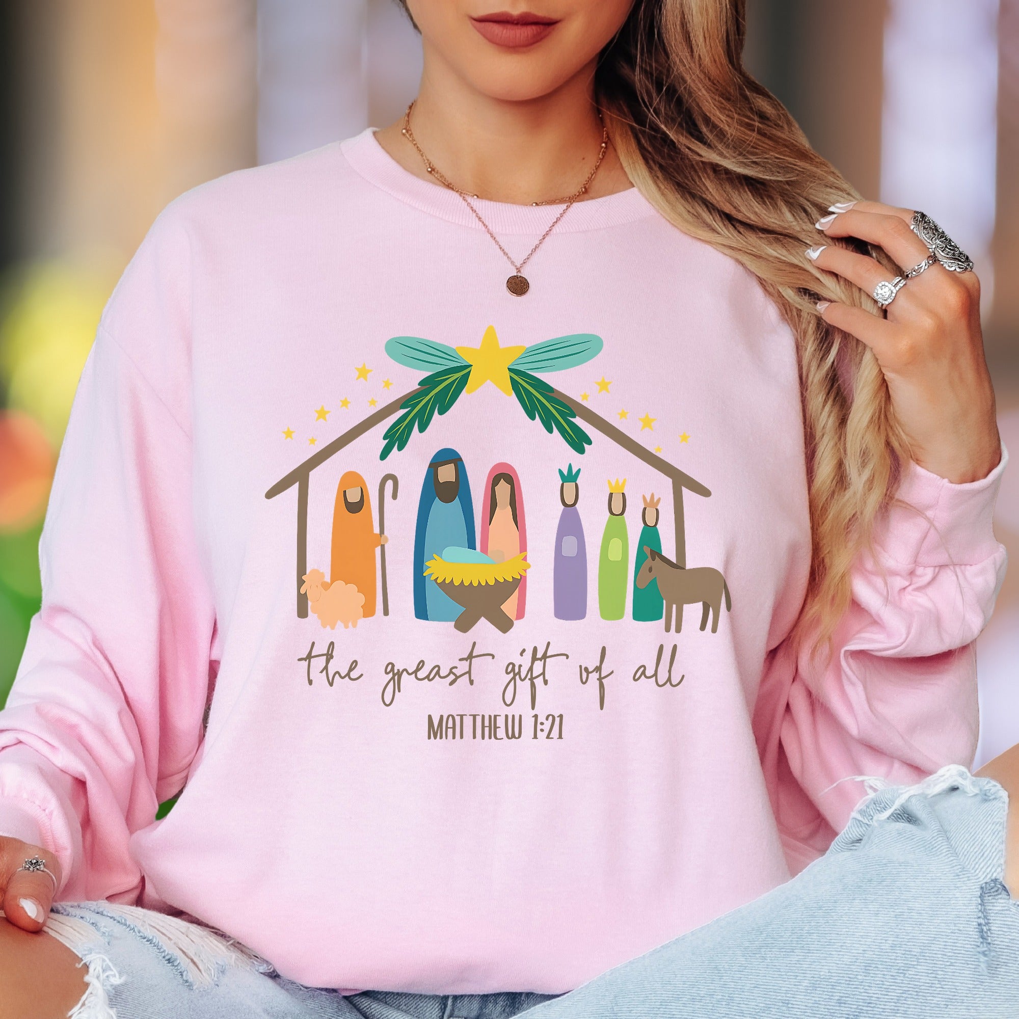 "The Greatest Gift Of All Matthew 1:21" | Nativity Scene Unisex Adult Long Sleeve T-Shirt | Festive Lifestyle