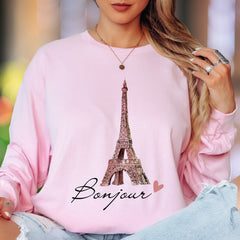 "Bonjour Eiffel Tower" | Parisian Sketch Unisex Adult Long Sleeve T-Shirt | Romantic Travel Lifestyle