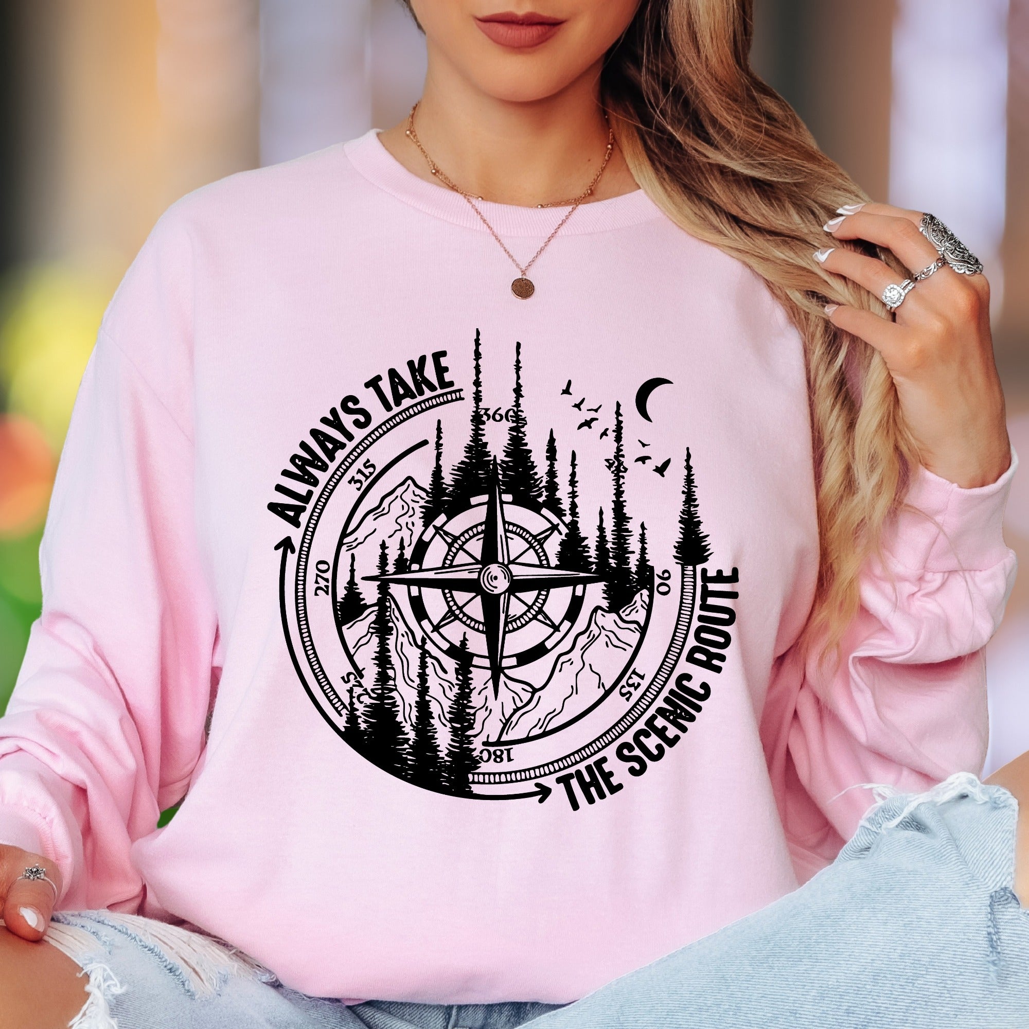 "Always Take The Scenic Route" | Nature Compass Unisex Adult Long Sleeve T-Shirt | Outdoor Lifestyle