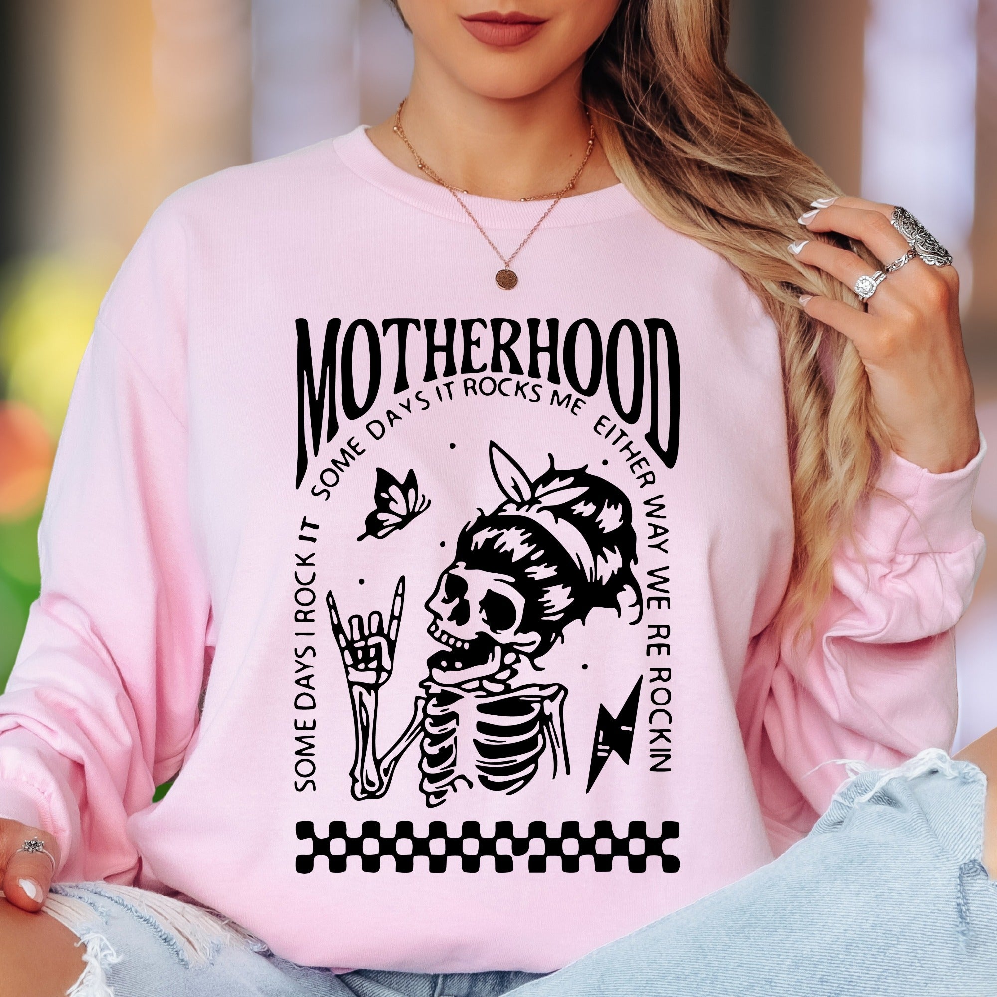 "Motherhood - Some Days I Rock It, Either Way We're Rockin'" | Illustrated Skull Unisex Adult Long Sleeve T-Shirt | Edgy Mom Life